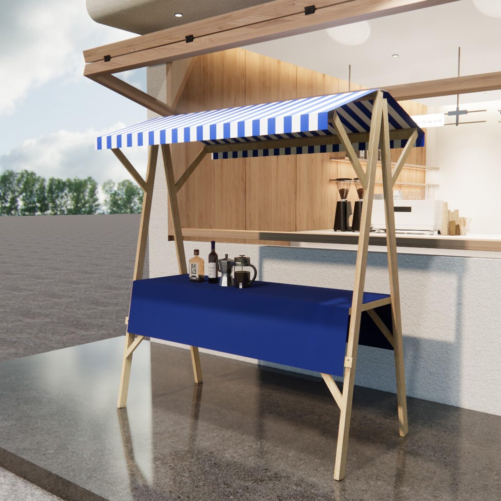 Chariot de marché en bois portable et compact avec finition bleue pour stands de vente