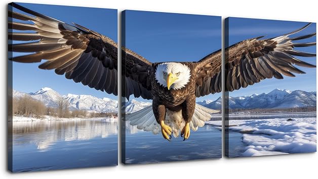 Wewejia Winter Animal Canvas Wall Art for Wall Decor - Snow Eagle Flying Painting HD Giclee Artwork Printed on Canvas Ready to Hang 36"x46"x3pcs 90x116cmx3pcs