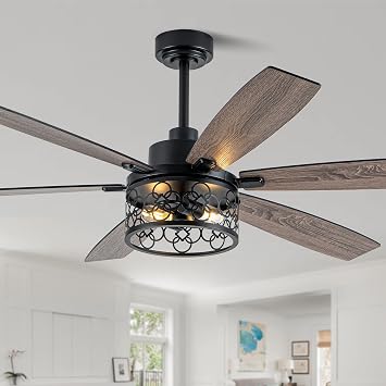 60" Farmhouse Ceiling Fans with Lights, Large Caged Ceiling Fan with Light and Remote,Reversible Motor,6 Double Finish Wood Blades,Black Rustic Industrial Ceiling Fan for Living Room/Dining Room
