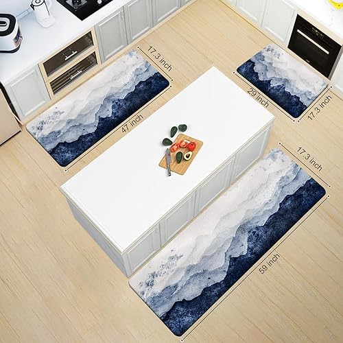 Miniatura 72 de MAYHMYO Juego de 2 tapetes de cocina antifatiga, diseño de mármol y azul, alfombrillas acolchadas y antideslizantes Azul,Azul y dorado,Marrón