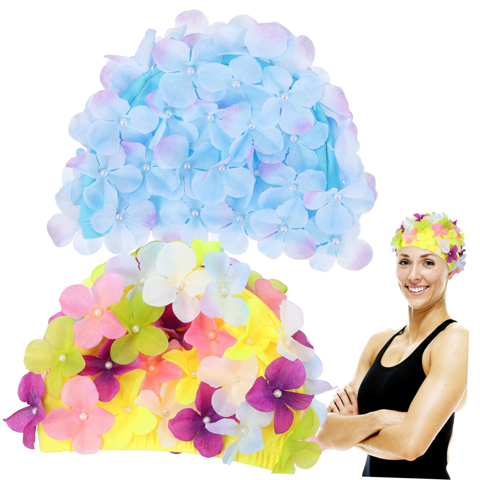 KOMBIUDA Cuffie da Piscina con Fiori 3d Stile Raffinato in Nailon, Design Antiscivolo che Riduce L'attrito dei Capelli, Confezione da 2 Unitá per Festa Estiva e Spa