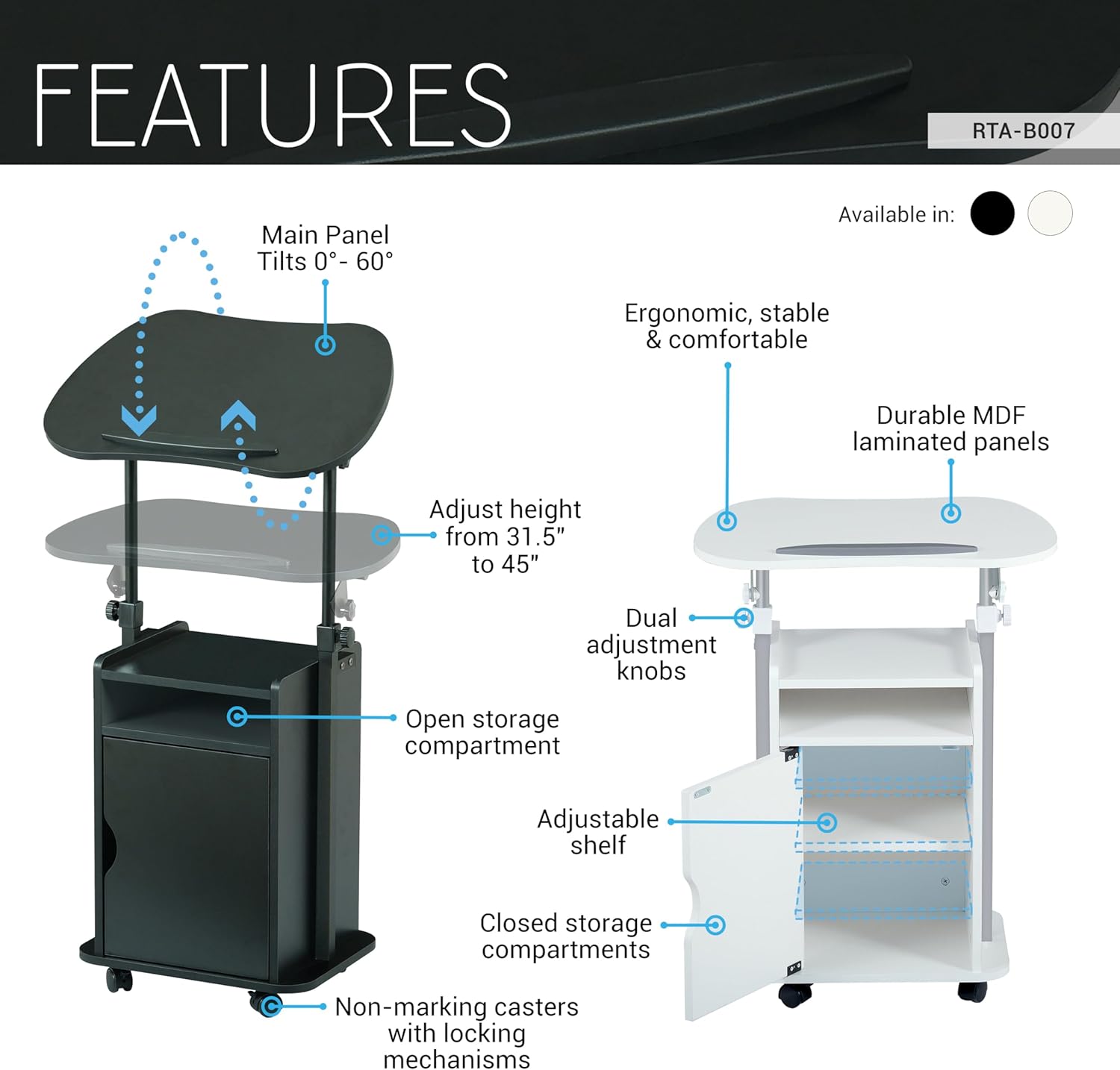 Techni Mobili Adjustable Laptop Cart with Storage, Rolling Mobile Workstation Desk with Cabinet, Shelf & Locking Wheels. Height Adjustable Sit to Stand for Home Office, Bedside, or Classroom (Black)