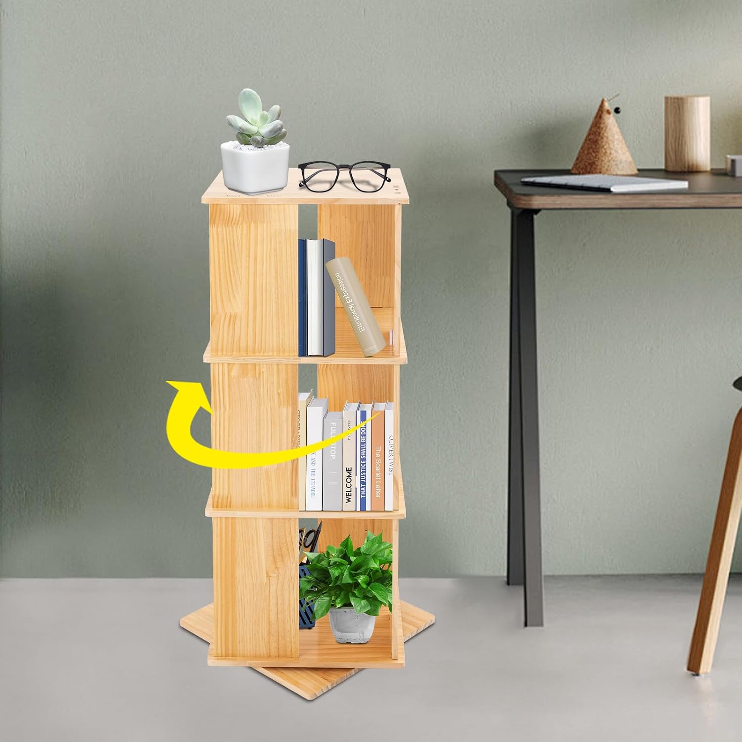 Rotating Bookshelf, 3-Shelf 360° Solid Wood Book Shelf Tower, Stackable Revolving Bookcase Organizer for Living Room, Bedroom, Study Rooms, Bedrooms, Nurseries, Children's Rooms(Wood Color)