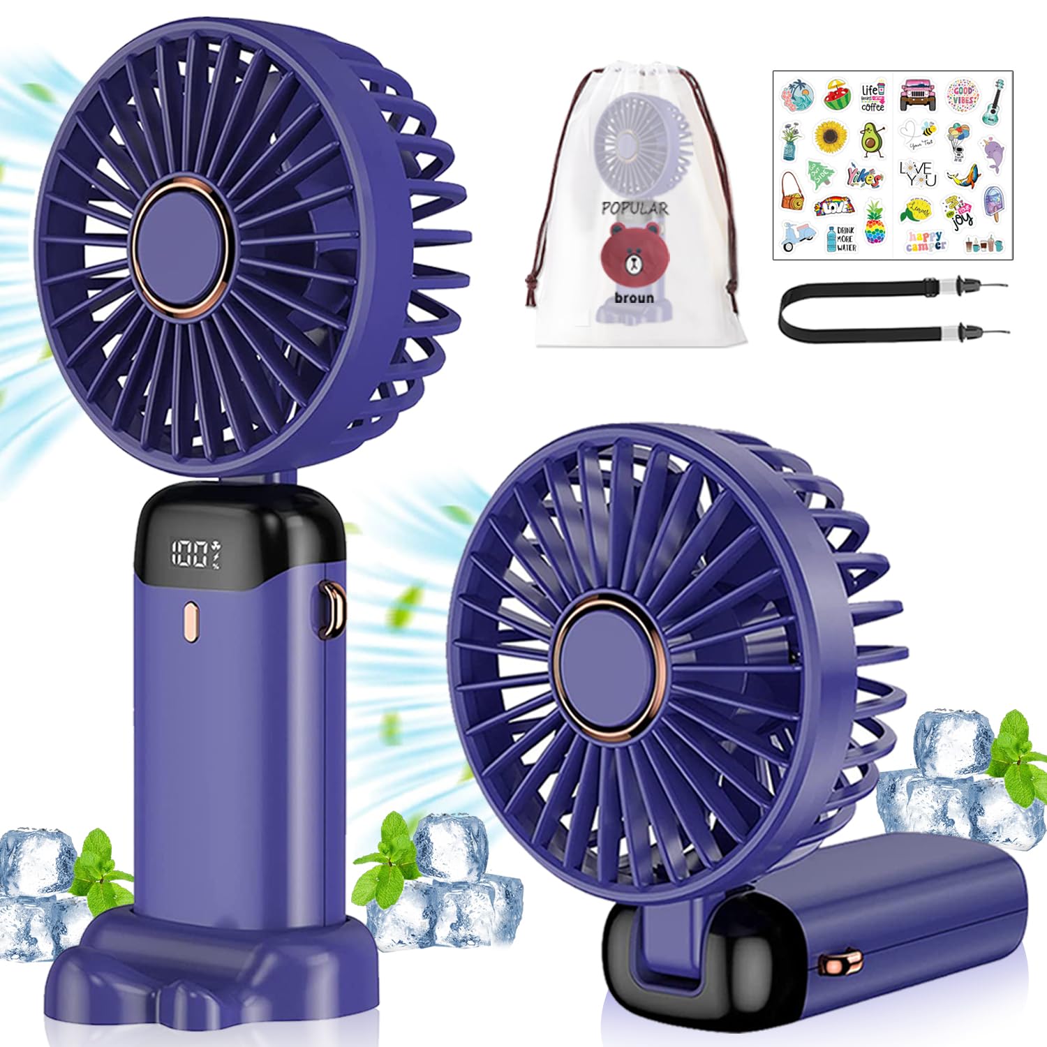 Tiokkss Portable fan handheld fan,Rechargeable personal fan,LED digital display screen,Hanging neck/handheld/desktop,5 speed adjustment,Suitable for home office travel(Purple)