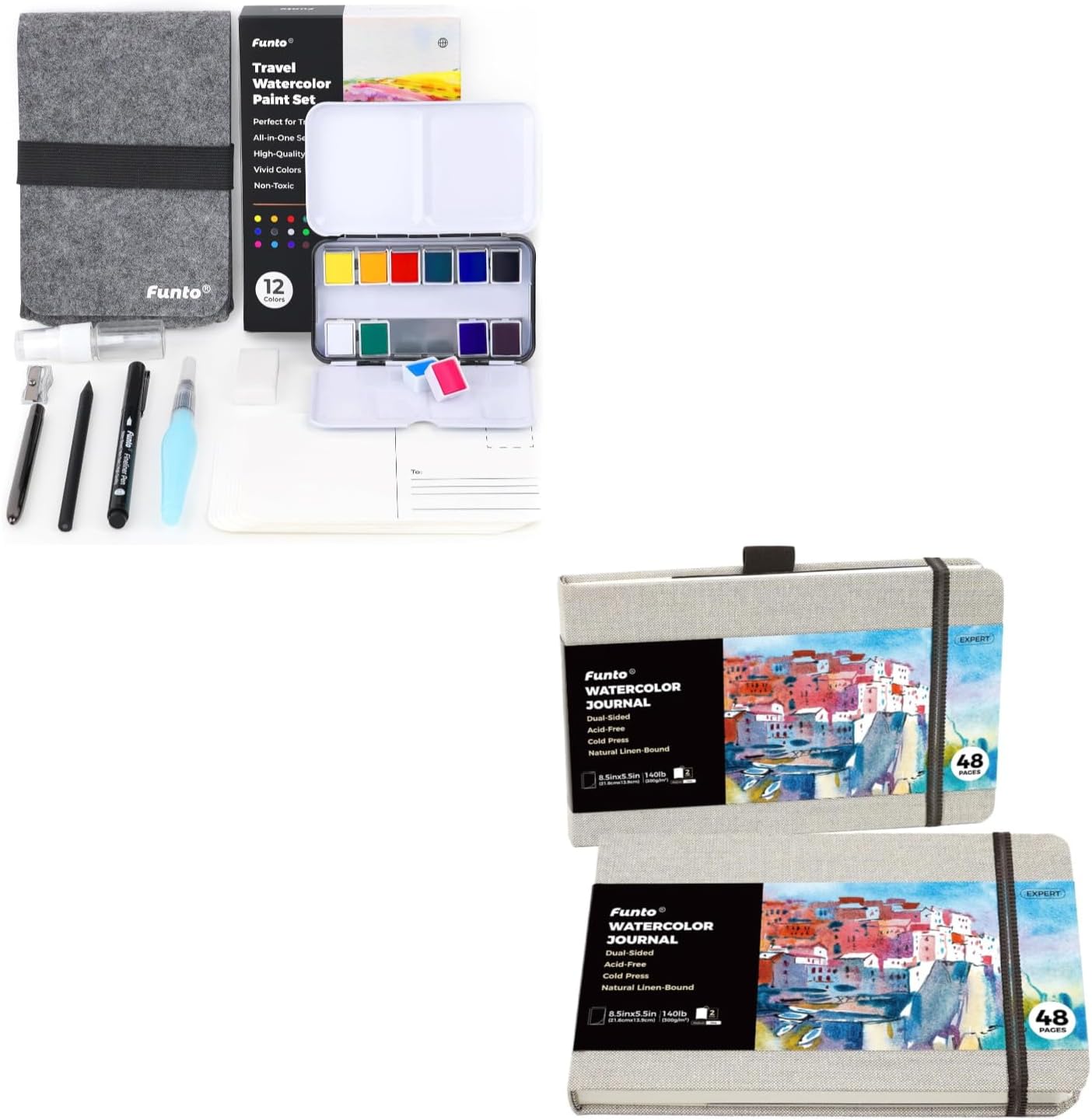 Funto 12-Color Watercolor Artist Bundle, Travel Watercolor Set with 10 Postcards, Watercolor Journal (8.5x5.5), Brush, Water Brush Pen, Fineliner, Pencil