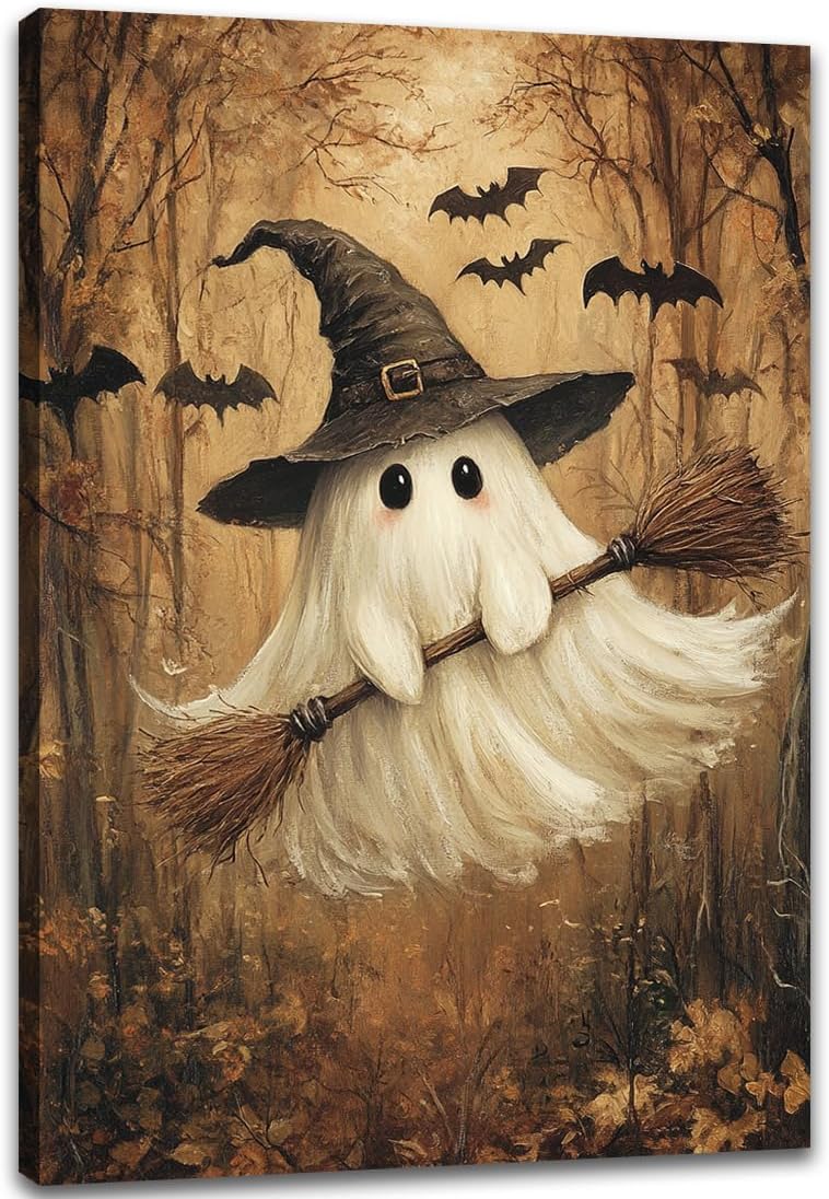 Witch Hat Ghost Cabin Halloween Poster,Cute Floating Spirit with Bats Broomstick Autumn Forest Picture Canvas Art,Halloween Spooky Gothic Dark Academia Wall Decoration,8"x12" Framed