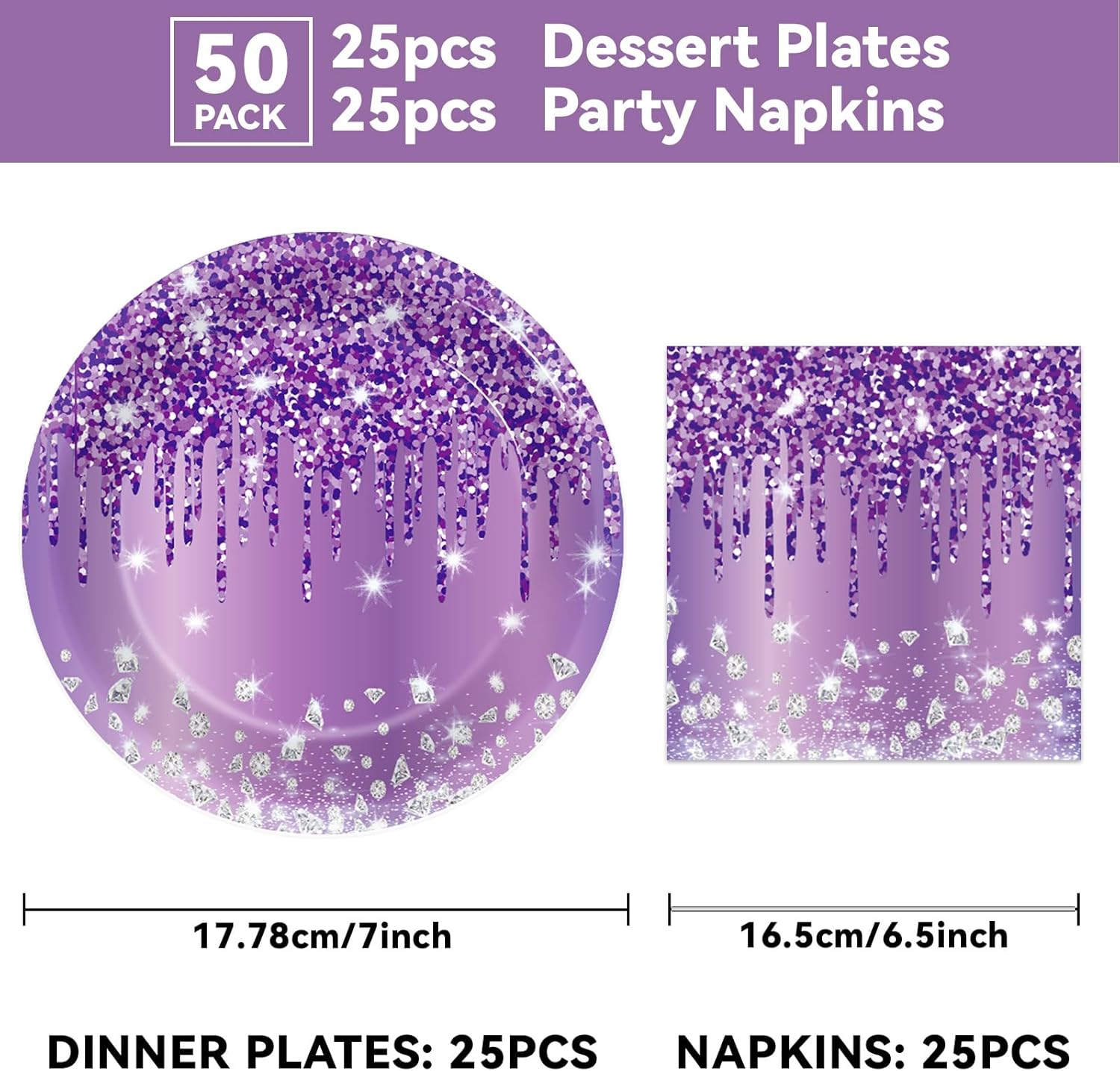 50 Pcs Purple Birthday Plates and Napkins Purple and Silver Happy Birthday Party Supplies for 25 Guests Table Decorations for Women Girl Birthday Decorations Paper Plates Napkins - Image 2