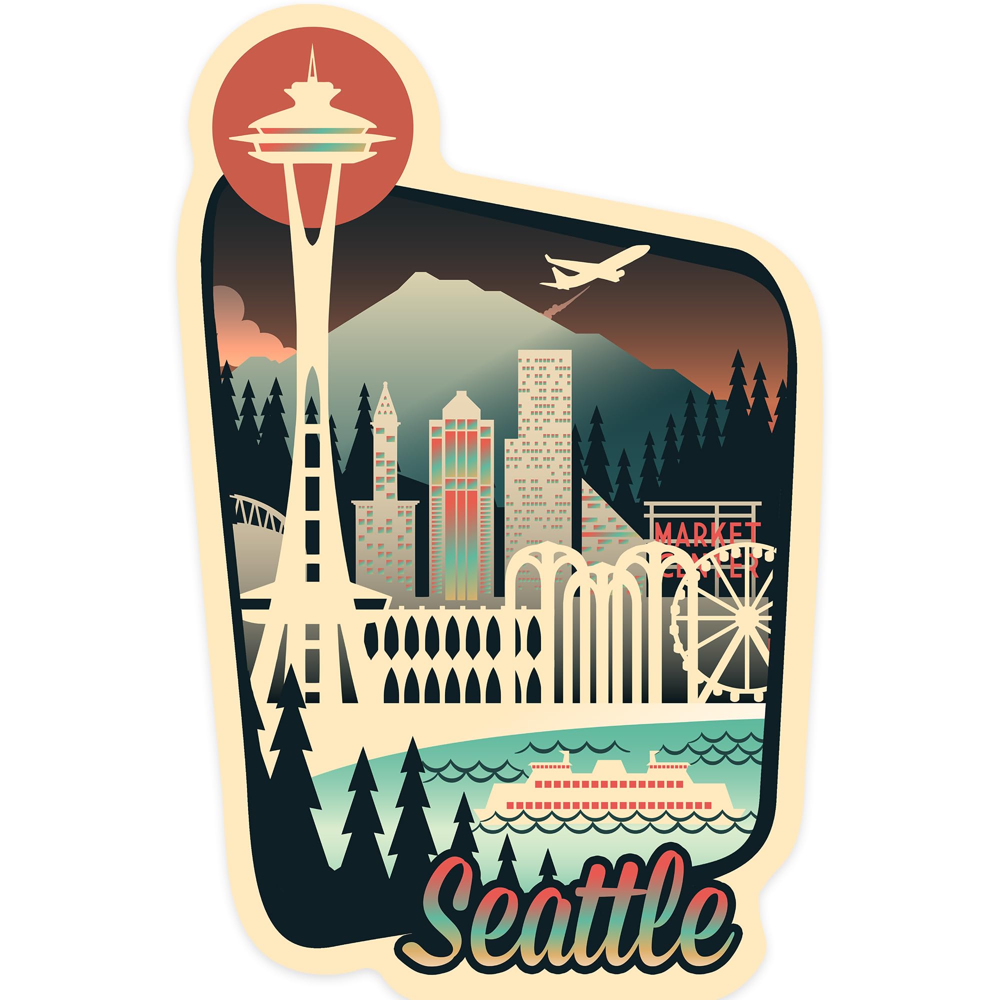 Die Cut Sticker Seattle, Washington, Retro Skyline Chromatic Series, Vinyl Sticker, (Waterproof Decal for Cars, Water Bottles, Laptops, Coolers),