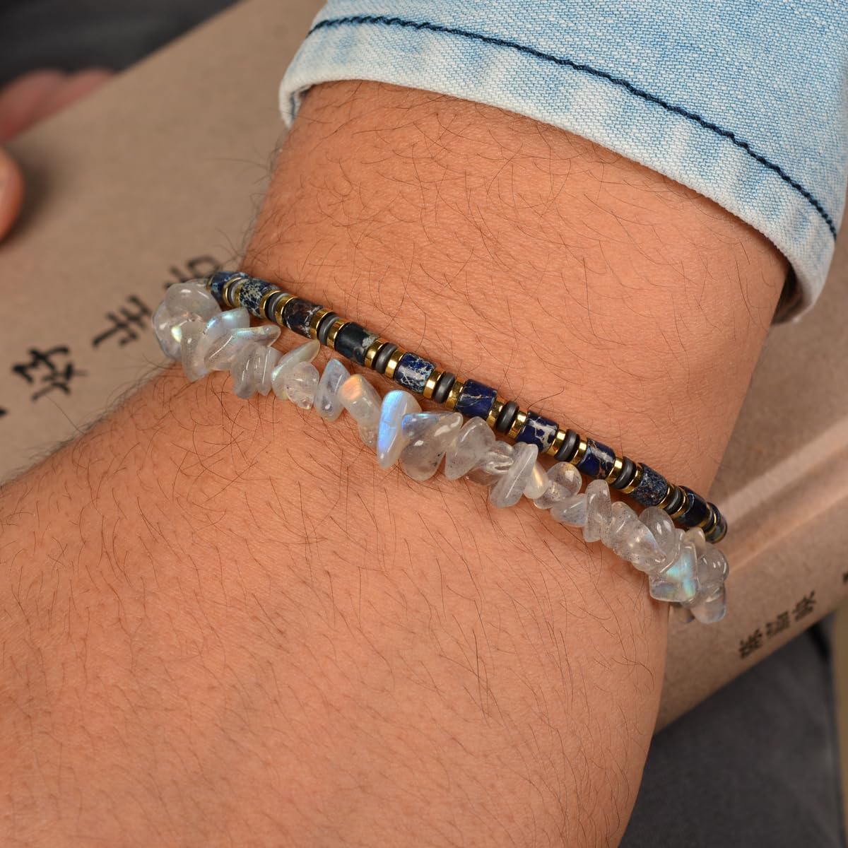 Indigo Gleam Men's Bracelet | Blue Emperor Stone Beads | Adjustable Stainless Steel Dual-Clasp | Fits 6.89-8.8 Inches | Ideal for Daily Wear & as a Gift for Men