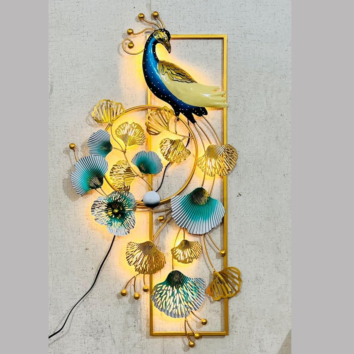 ZXC Modern Peacock Wall Decor With LED light, Metal Frame, Gold