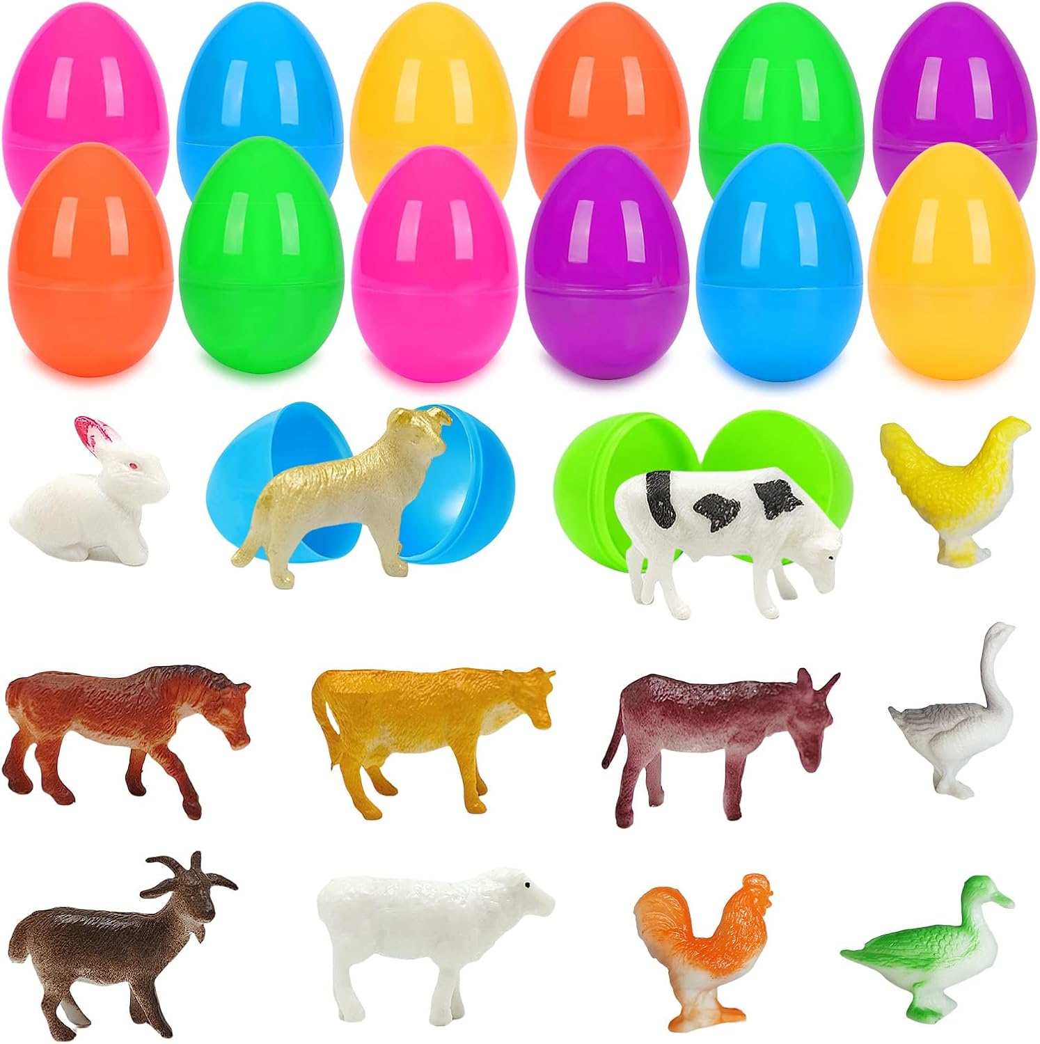 12 Pack Prefilled Easter Eggs with Toys Inside, Filled Easter Eggs with Farm Animal for Kids Easter Egg Hunt, Easter Basket Stuffers Fillers, Easter Party Favors Supplies