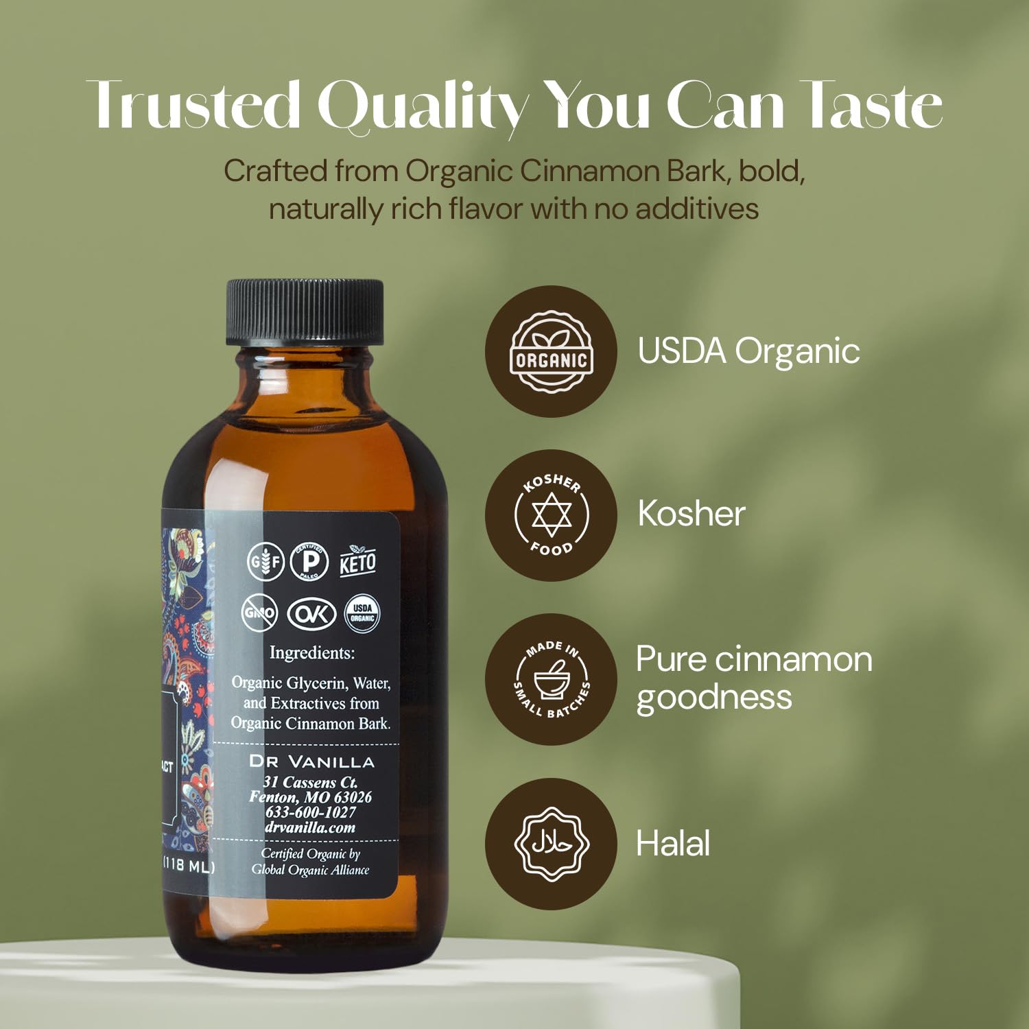 Organic Cinnamon Extract, 4 fl oz - 100% natural, sugar‑free, GMO‑free, gluten‑free, vegan, paleo, keto, kosher, and halal