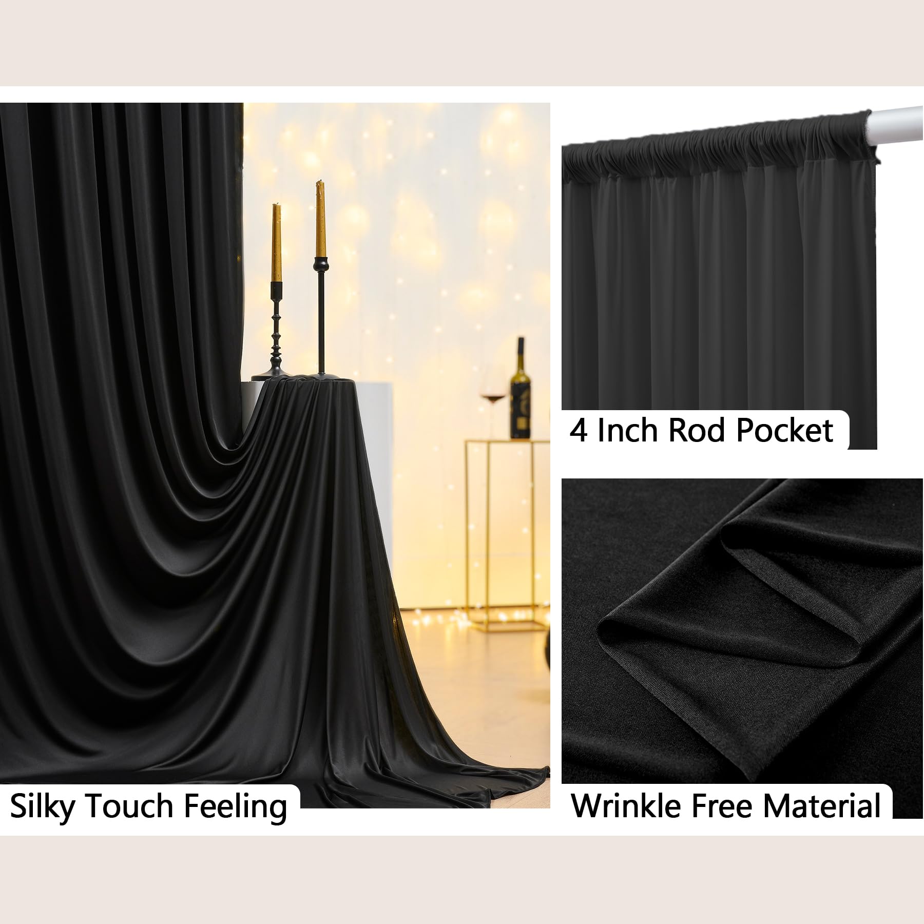 Trimming Shop Sfondo nero in poliestere dorato senza pieghe, 3 x 3 m, tenda a pannello singolo per matrimoni, feste, fotografie, decorazioni per la