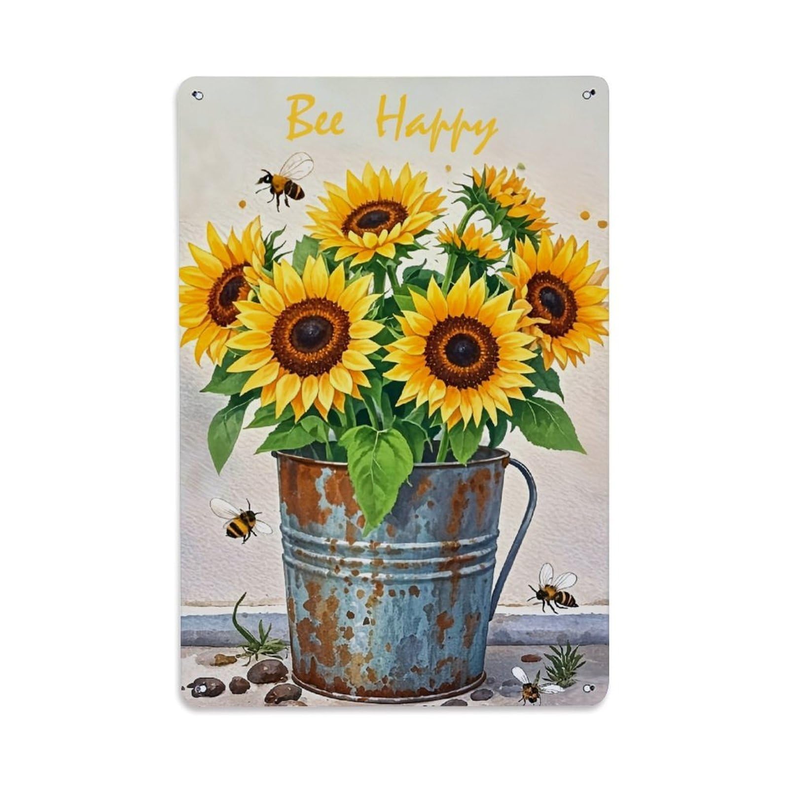 Jdfenggu Vintage Sunflower Bee Rustic Bucket Art Retro Metal Tin Sign, Decor Art Poster For Bar, Home, Man Cave, Kitchen, Laundry Room Gift 8X12inch