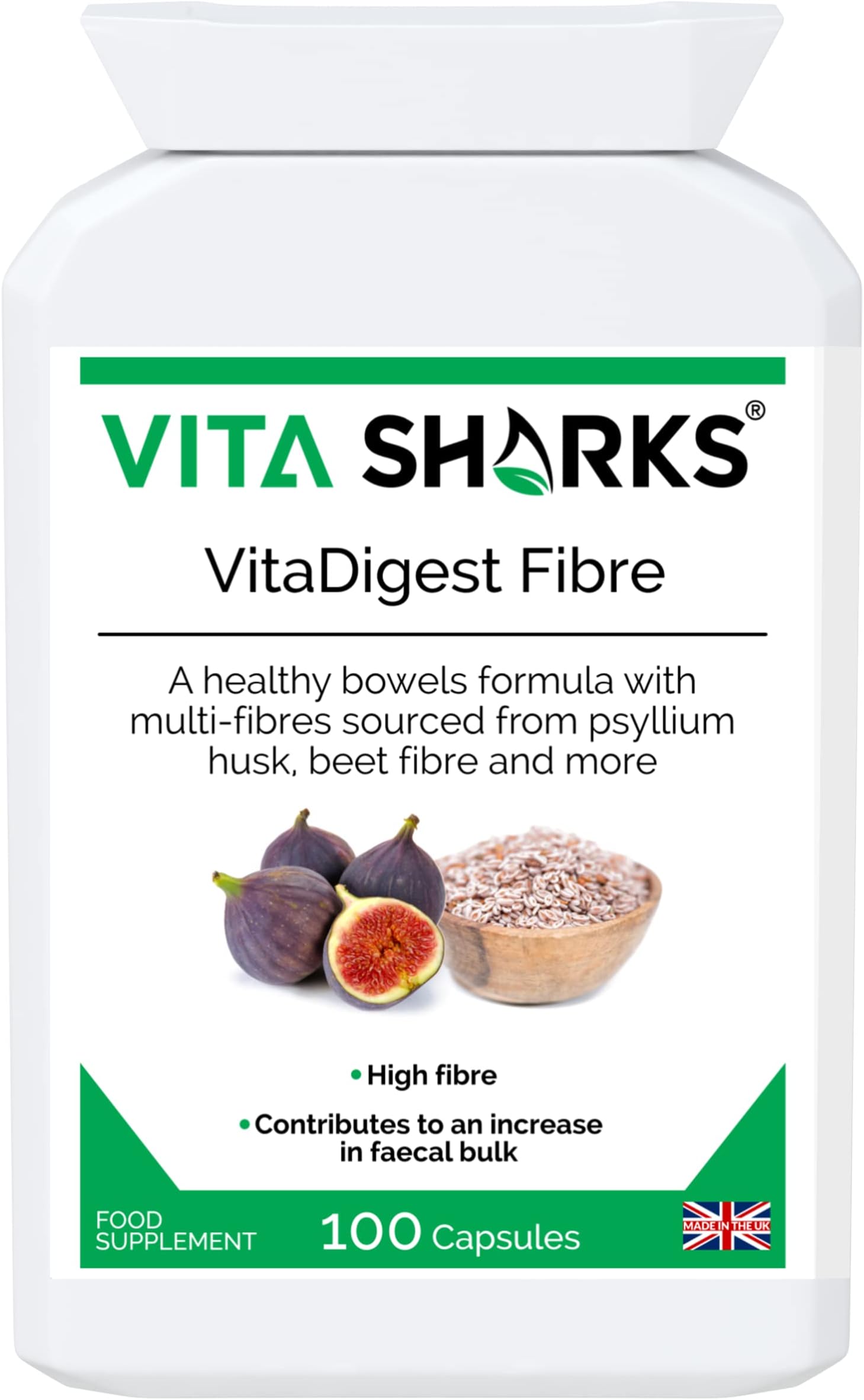 VitaDigest Fibre - Vegan Dietary High Fibre Capsules for Healthy Clear Bowels & Increased Faecal Bulk with Psyllium Husk Fiber, Flaxseed & Beetroot - Kosher