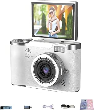 4K HD Digital Camera with Flip Screen, 8x Electronic Zoom, 2.4" Flip Screen, Multi-Function Buttons & Flashing Lights, Fast Auto Focus 4K Selfie & Vlog Camera White, No Card