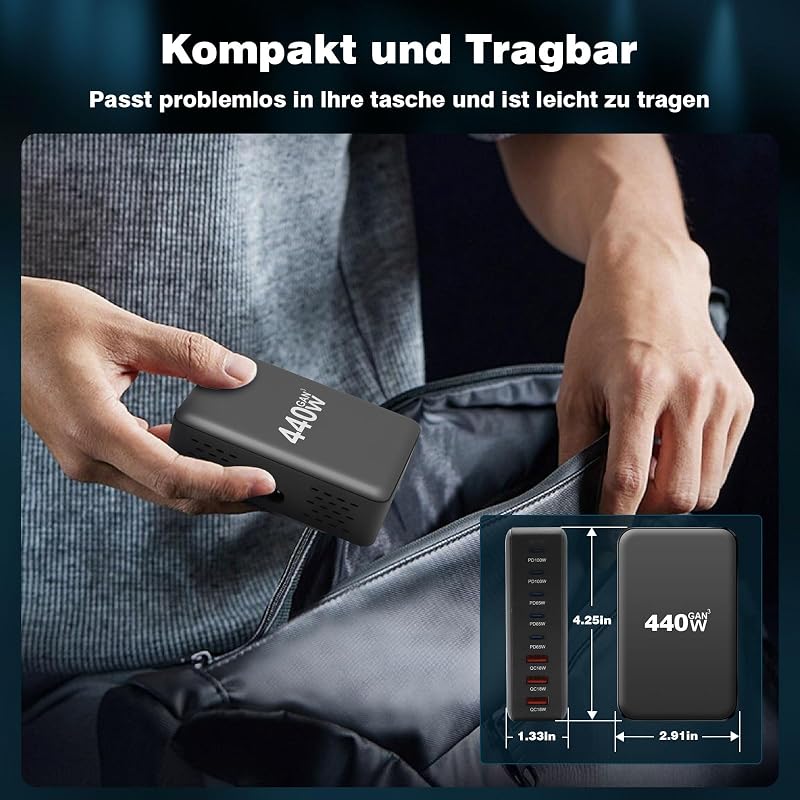 Effdrdfs 440W GaN III USB Töltőállomás 8 Portos - 5 USB-C (100W PD 3.0) és 3 USB-A (QC 3.0) Gyorstöltő iPhone, MacBook, iPad, Samsung Galaxy