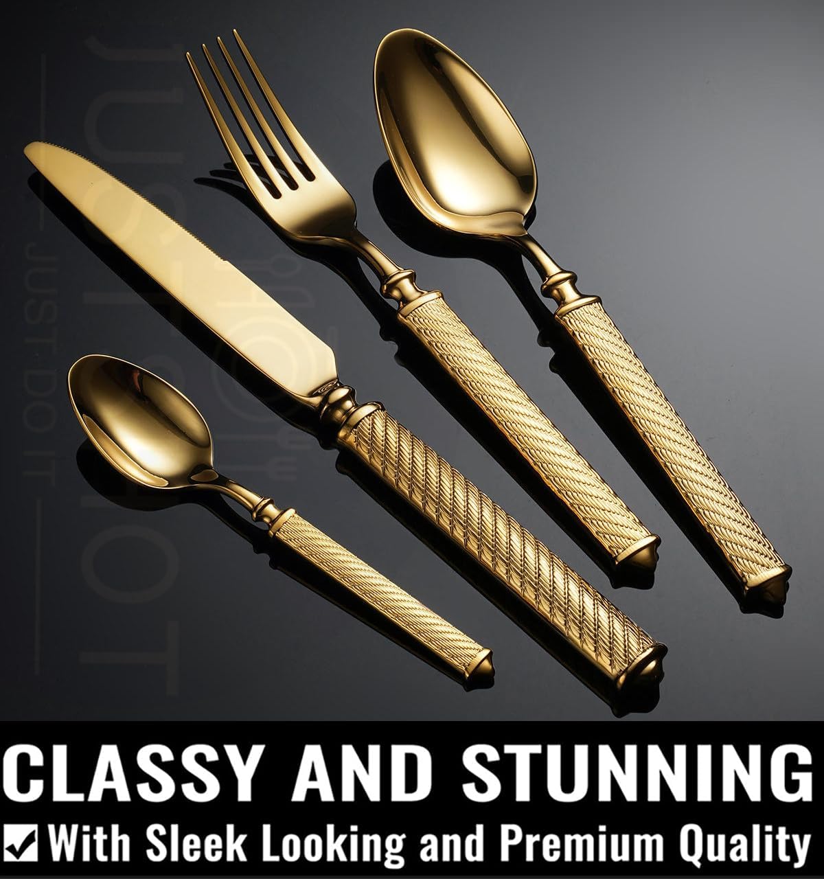 JUSTSHOT 24 Piece Gold Silverware Set for 6,Unique 1810 Stainless Steel Hammered Flatware Set,Forged with Handcrafted Texture Handles Cutlery Flatware Set,Mirror Polished,Dishwasher Safe