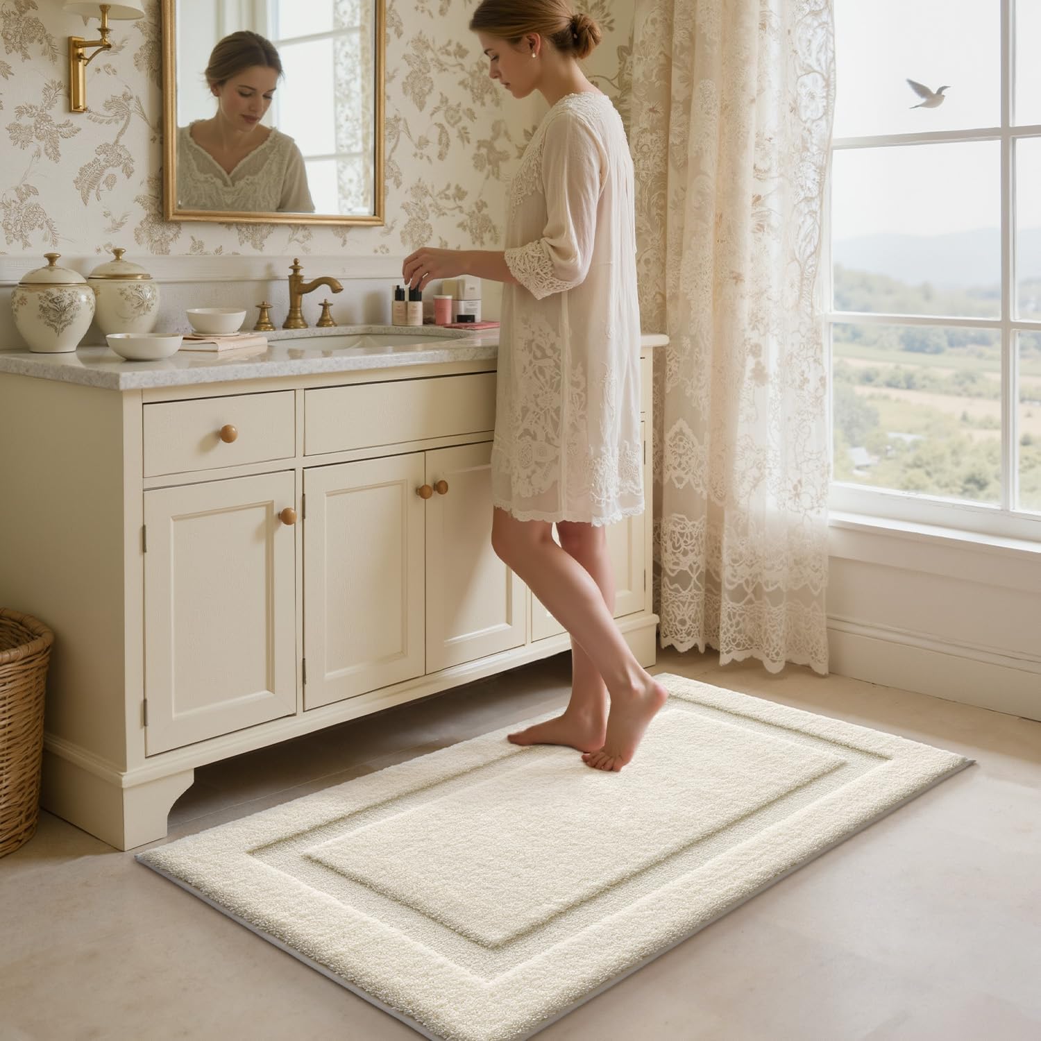 LUMI Ultra Soft Bathroom Rugs Non Slip with Rubber Backing, Absorbent Washable Bath Mat Quick Dry, Upgraded Premium Microfiber Plush Carpet for Bathtub and Shower Floor, Ivory White, 24x43