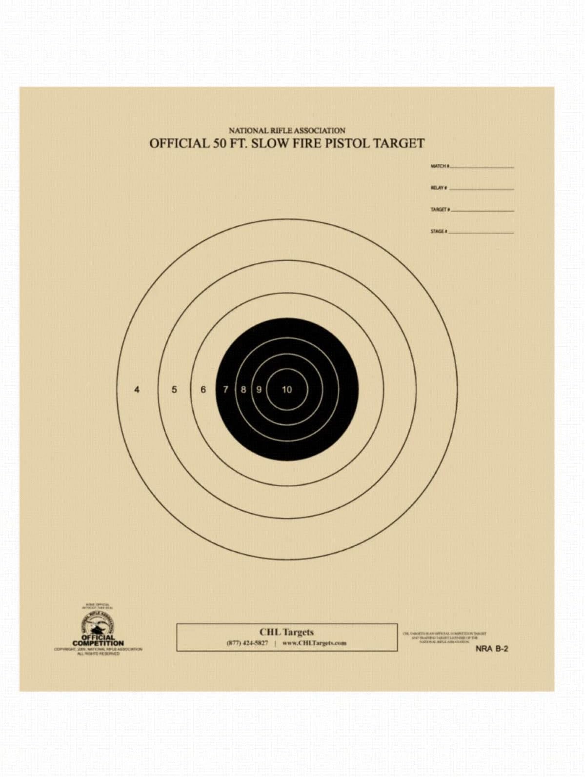 50 Foot Slow Fire Pistol Target Official NRA Target B-2