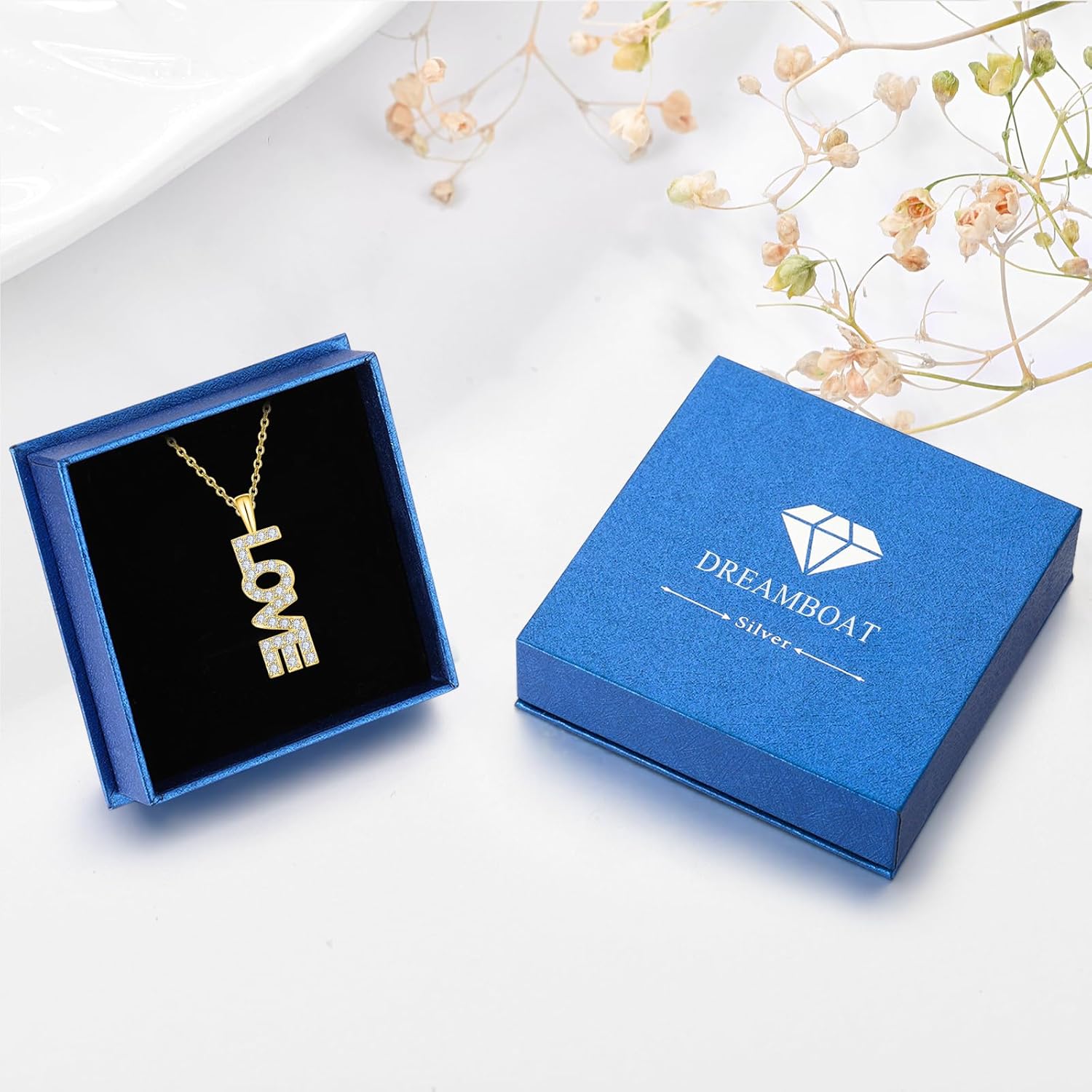 Dreamboat Sterling Silver Love Necklaces for Women Love Pendant Necklaces Word necklace Adjustable Chain Love Jewelry Romantic