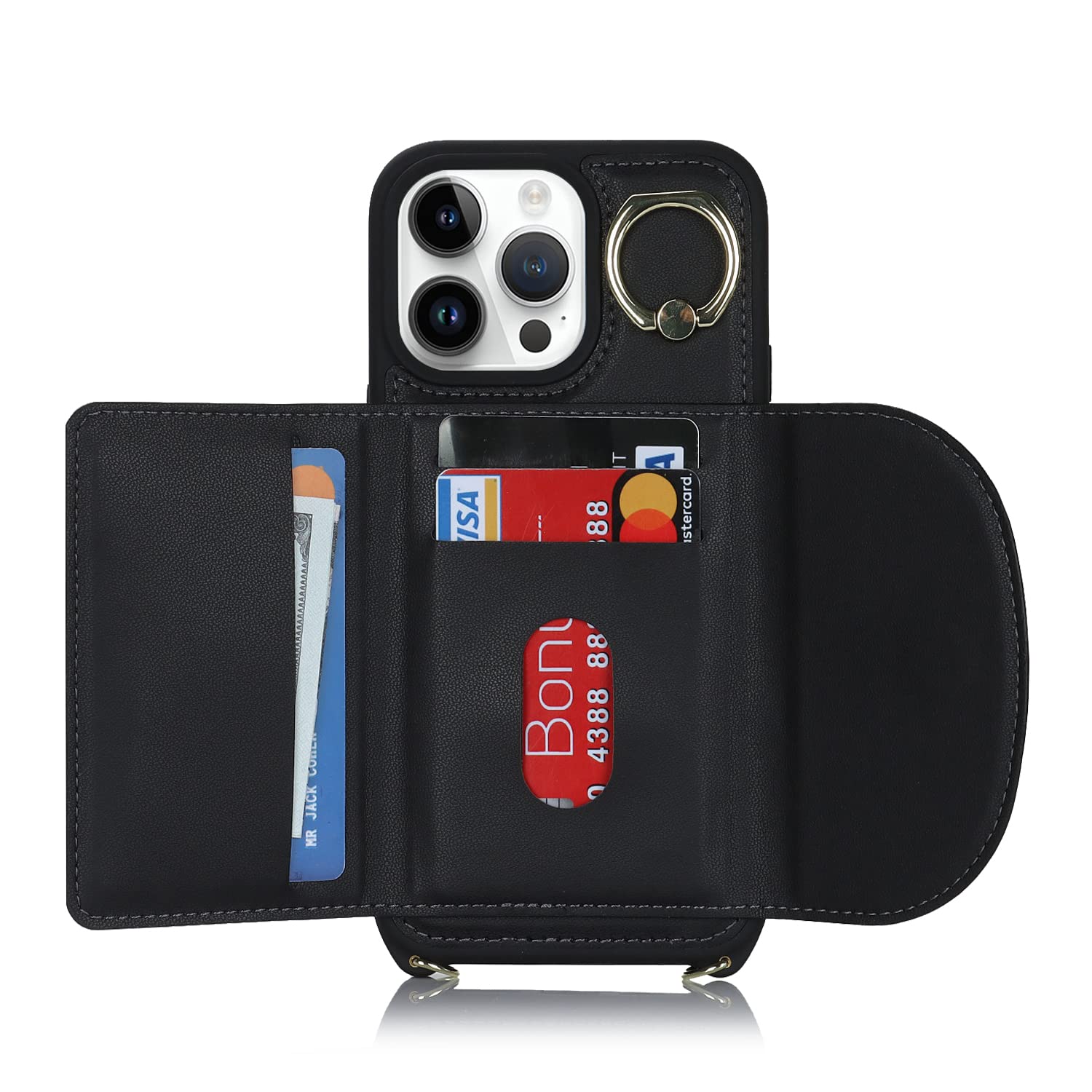 CAVOR IPhone 14 Pro Max Flip Lederhülle Mit Band & 9 Kartenfächern – Magnetische Brieftaschen-Hülle In Schwarz