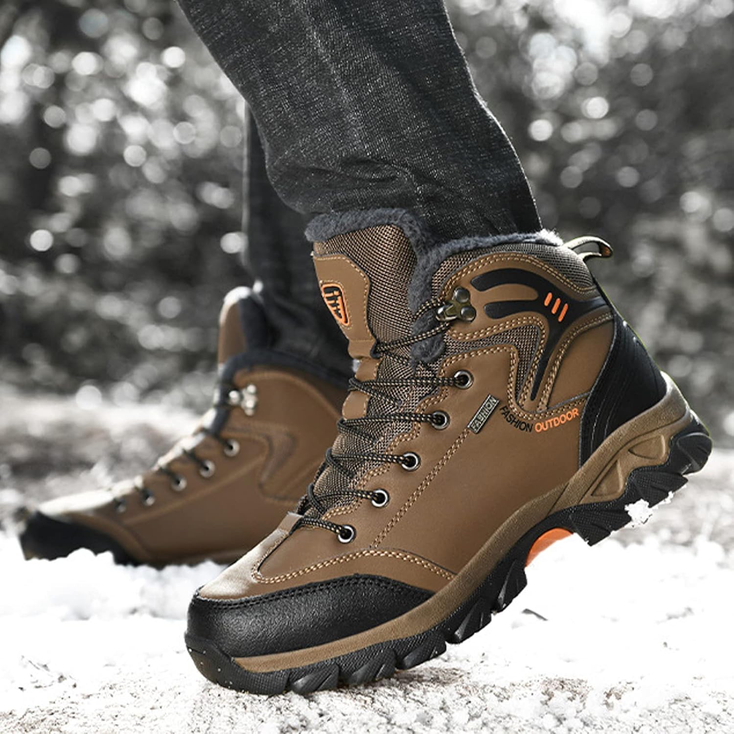 PURCHAWEE Men's Winter Warm Leather Snow Boots Cotton Shoes,Good Arch Non-Slip Hiking Outdoor Camping Trekking Backpacking Shoes