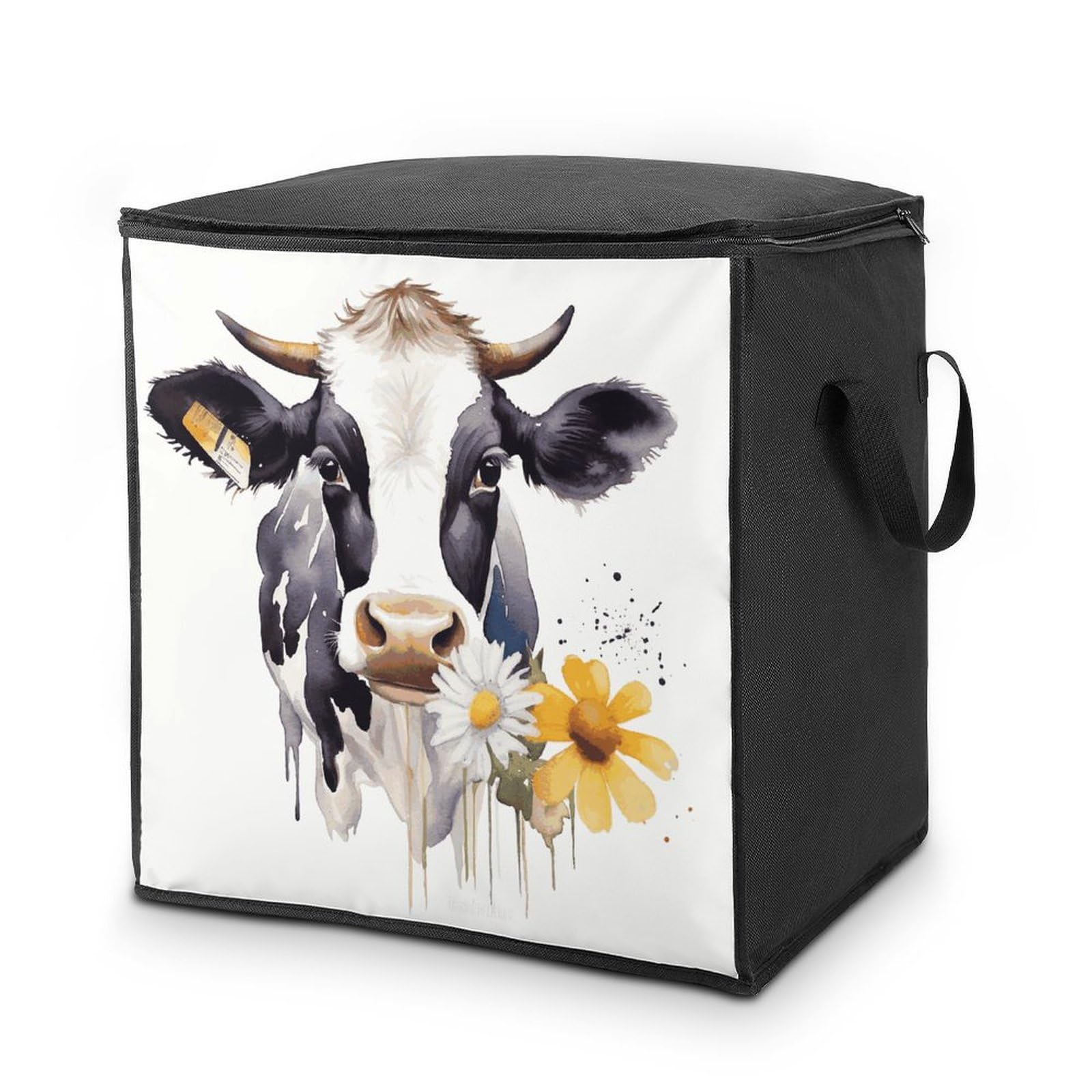 Watercolor Cow And Daisy Flower Storage Bag with Zippers And Handle Extra Large Bedding Comforter Storage Bag Foldable Blanket Storage Bags Fabric Moving Bags for Closet Organizer (70L)
