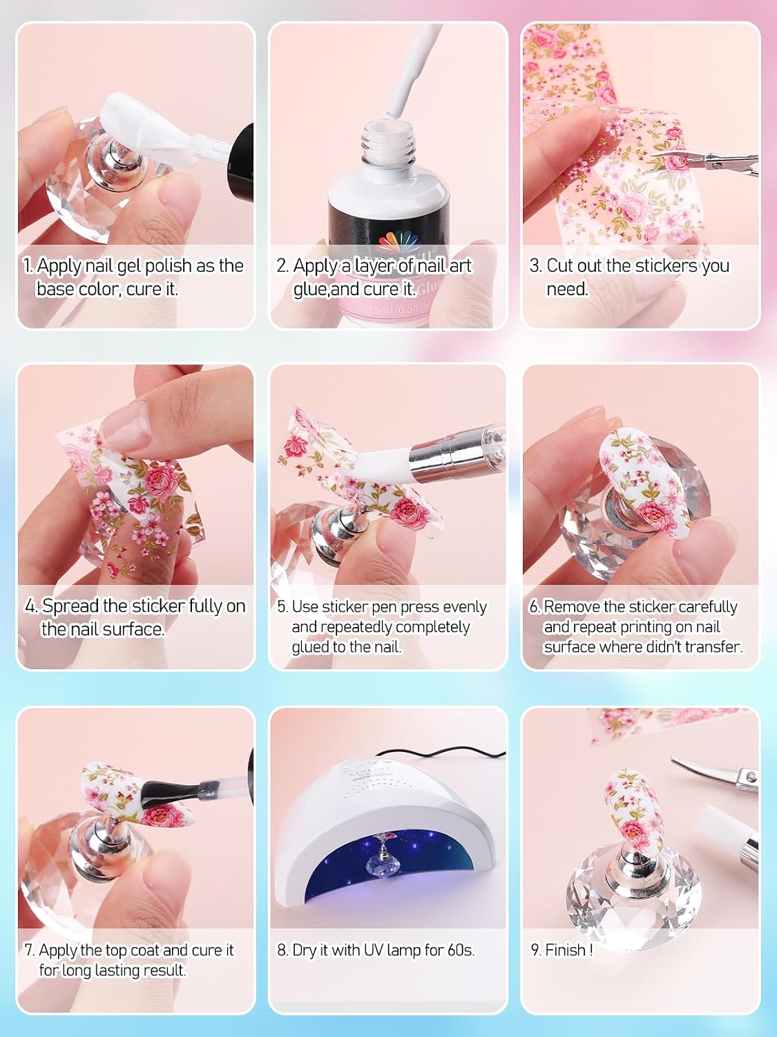 Kalolary 30ML Nail Foil Glue Gel with 20Pcs Foil Transfer Stickers Set