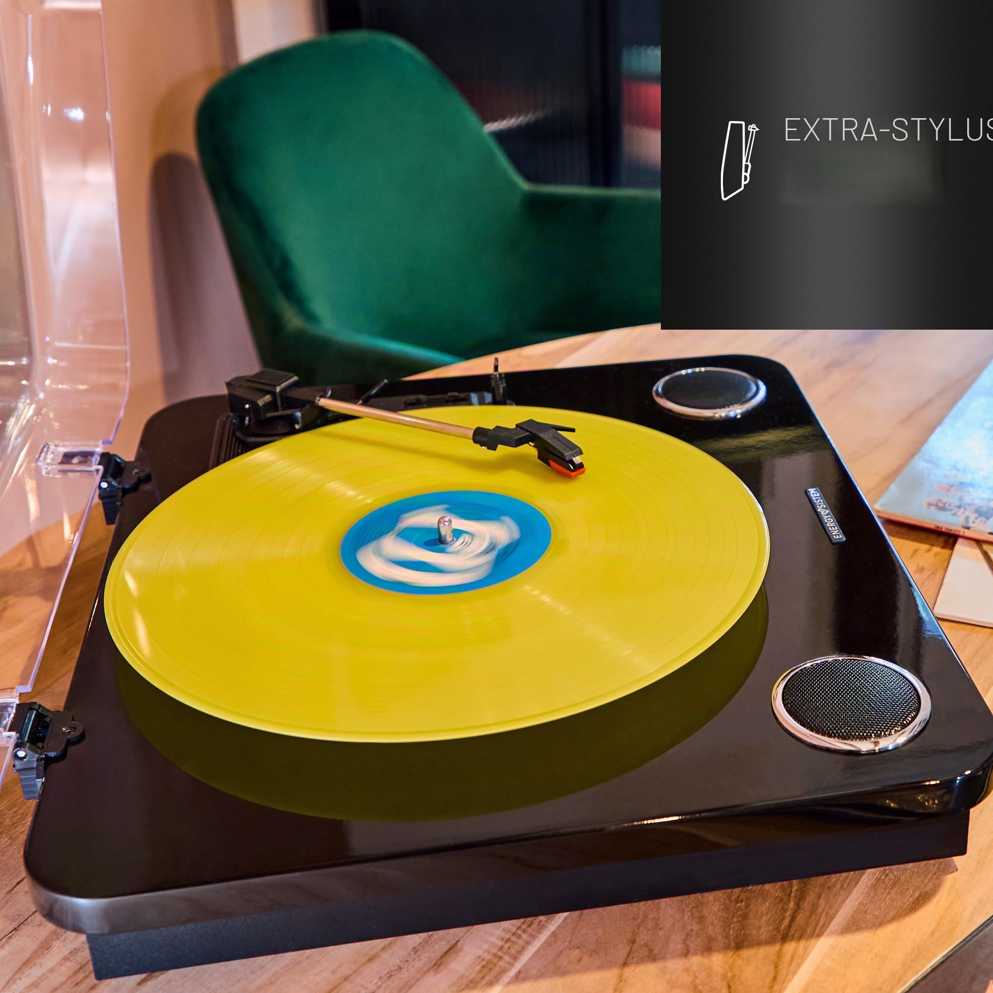 Energy Sistem Blackspin Bluetooth Plattenspieler mit Lautsprechern 10W Vinyl Turntable 33 45 78 RPM Riemenantrieb USB Aufnahme RCA Bluetooth In Out Auto Stop für Zuhause schwarz