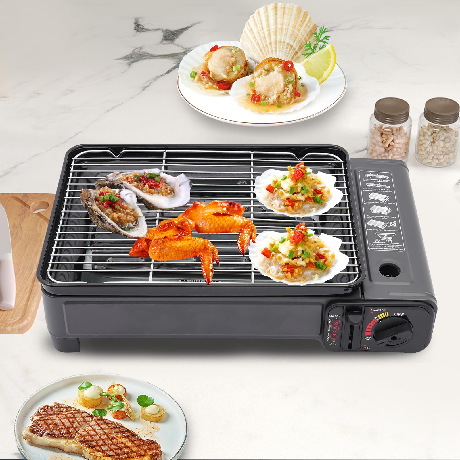 Barbecue a gas butano da campeggio, piccolo barbecue a gas con rete per barbecue, teglia, pennello, clip per alimenti e valigetta per il trasporto, set per barbecue da campeggio, barbecue portatile,