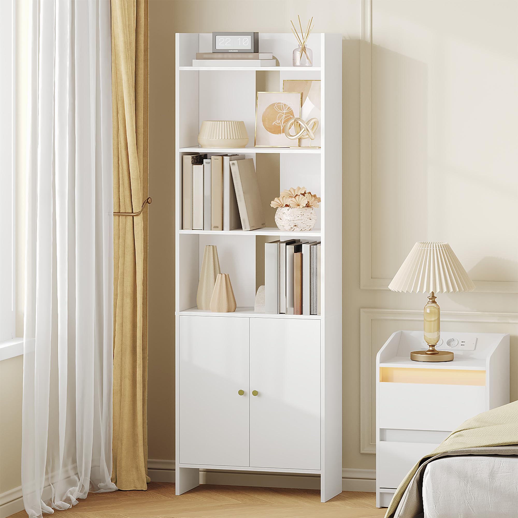 Hzuaneri 6-Tier Bookcase with Door and Cabinet, White Bookshelf