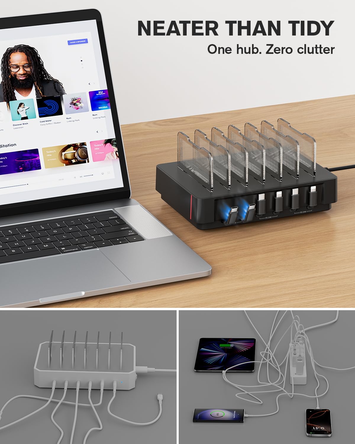 SooPii HomeHub H1, estación de carga de 60 W para múltiples dispositivos con 4 cables retráctiles magnéticos C a C y 2 C a iP, organizador de cargador para iPhone 17/16, tablet, Samsung, AirPods y más