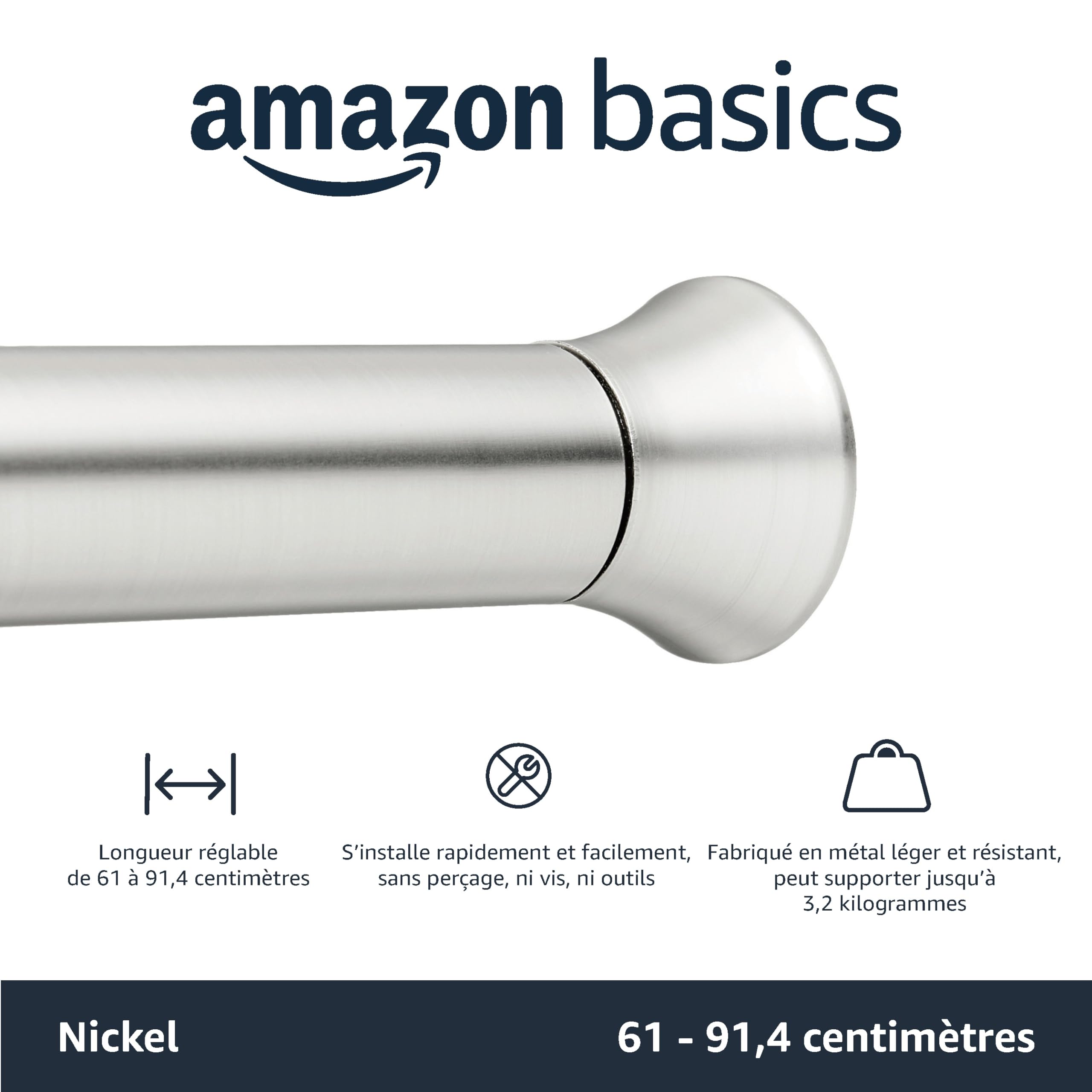 Amazon Basics Tringle de rideau de douche extensible ajustable nickel 61-91 cm