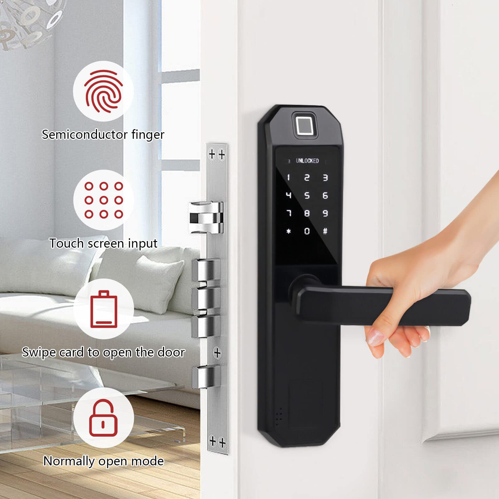 Serrure de porte électronique intelligente SanBouSi à empreinte digitale avec serrure à encastrer, empreinte digitale, 2 clés, 2 cartes IC, épaisseur de porte 35-50 mm