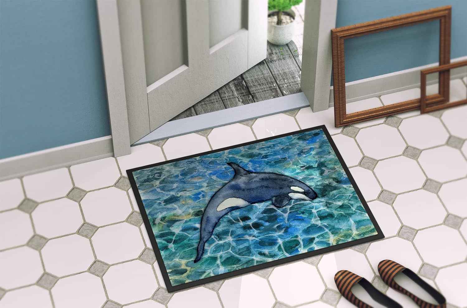 Caroline's Treasures BB5335MAT Killer Whale Orca #2 Doormat 18x27 Front Door Mat Indoor Outdoor Rugs for Entryway, Non Slip Washable Low Pile, 18H X 27W