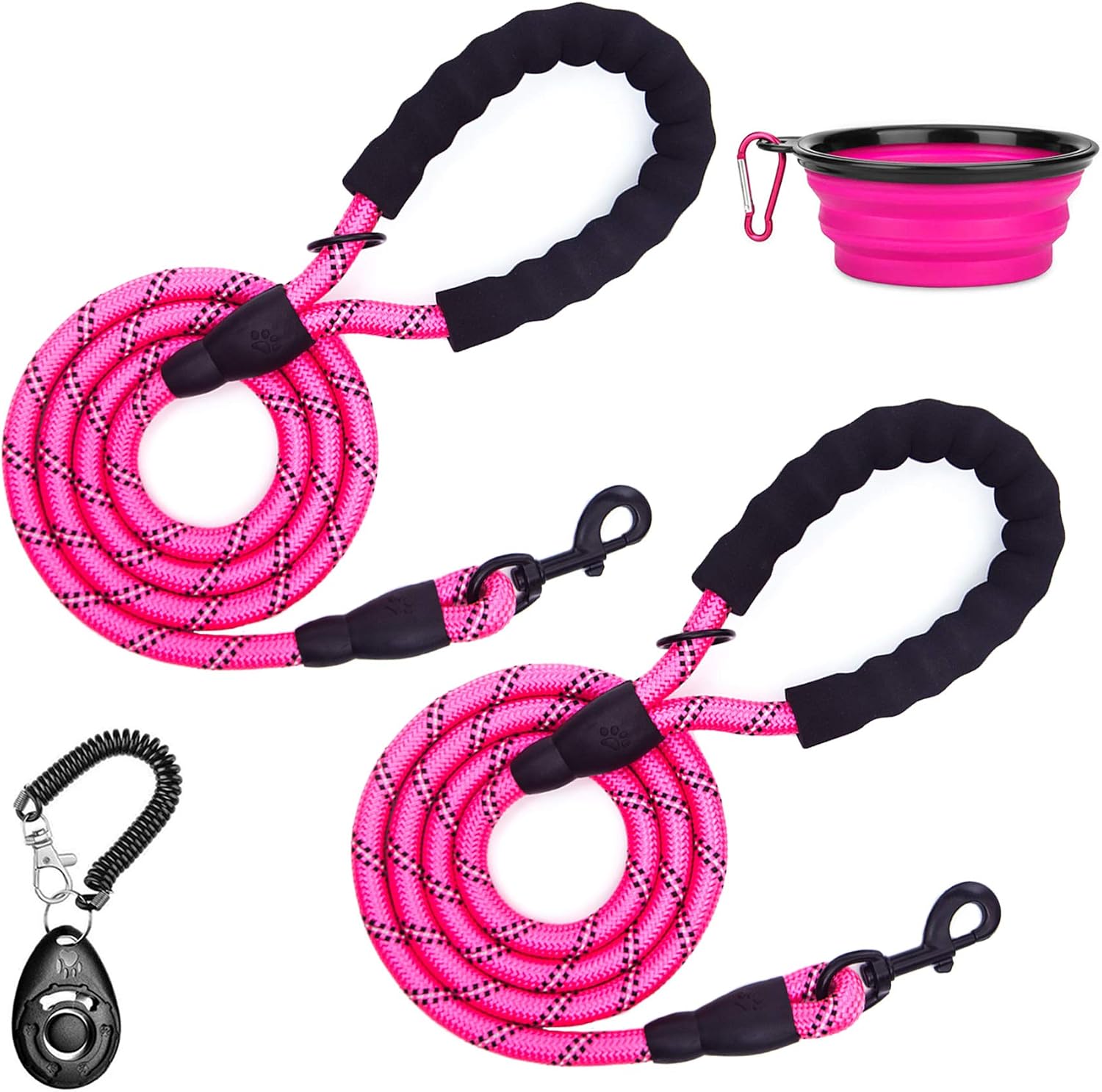 D-BUY 2 Pack 5 FT Dog Leash, Reflective Strong Rope Dog Leash with Collapsible Dog Bowl Dog Clickers Comfortable Padded Handle Heavy Duty Metal Clasp for Dogs for Dog Pets (Pink + Pink)