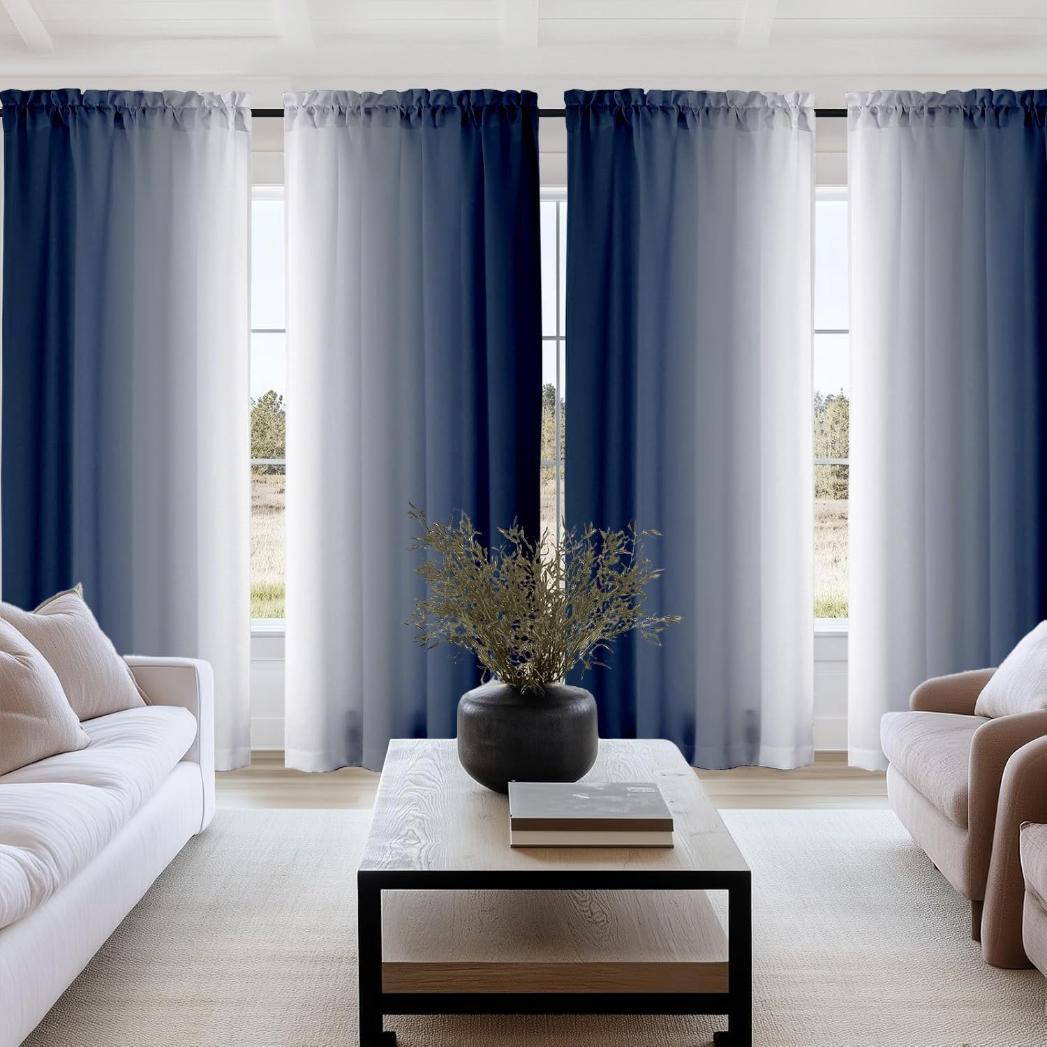 2 Panels Blue Curtains for Living Room Navy Blue and Greyish White Light Filtering Curtain for Bedroom Modern Ombre Window Treatment Rod Pocket Drapes Gradient Color Semi Sheer Curtains 52X84 Inches
