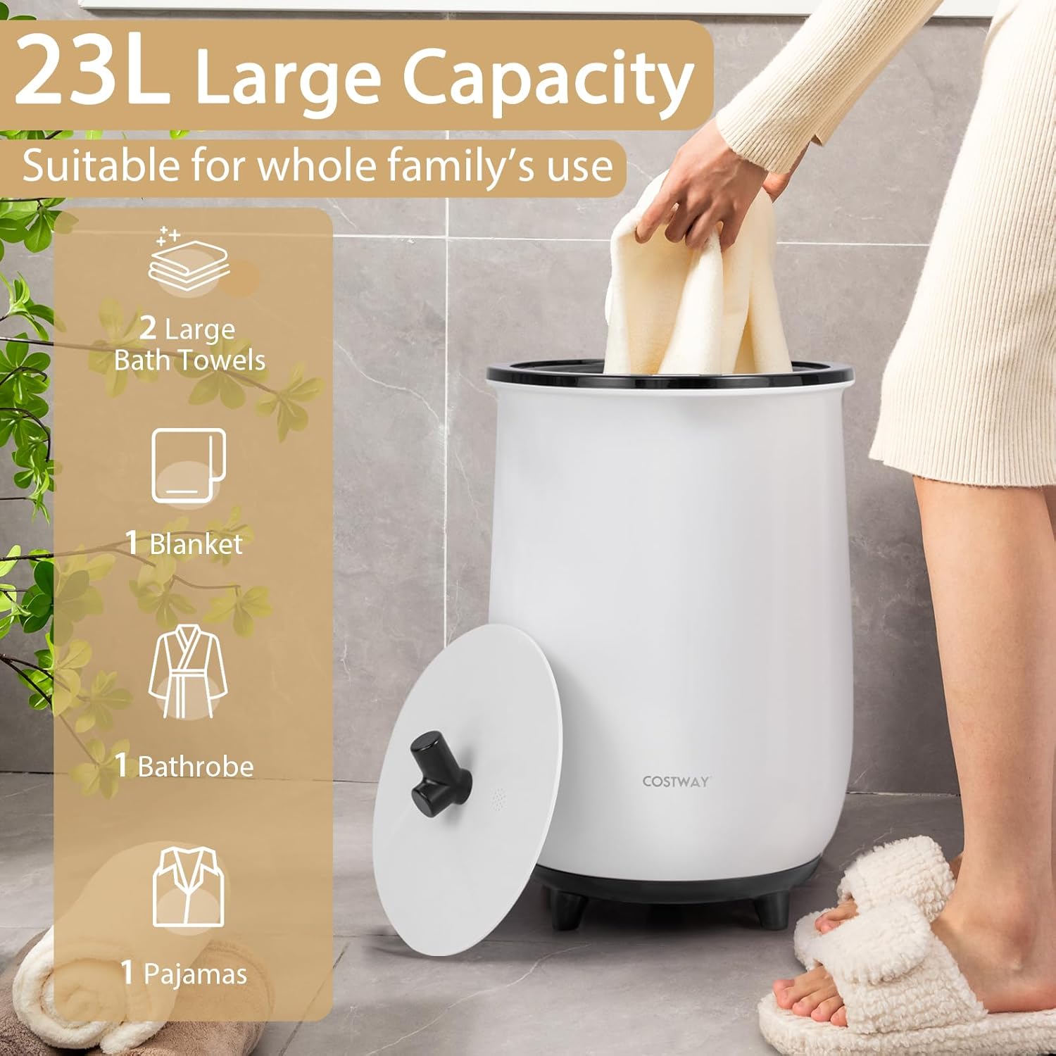 COSTWAY Bucket Style Towel Warmer, 23L Towel Warmer with 4 Heating Time & 3 Heating Temperature, Overheat Protection System, Fragrant Disc Holder, Towel Warmer for Bathroom, Hot Tub, Spa (Black)