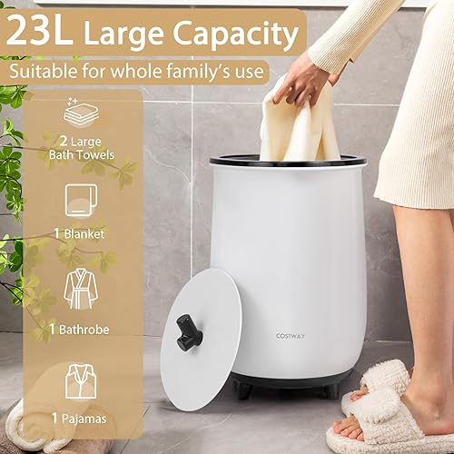 Miniatura 4 de COSTWAY Calentador de toallas estilo cubo, calentador de toallas de 23 litros con 4 tiempos de calentamiento y 3 temperaturas de calentamiento,