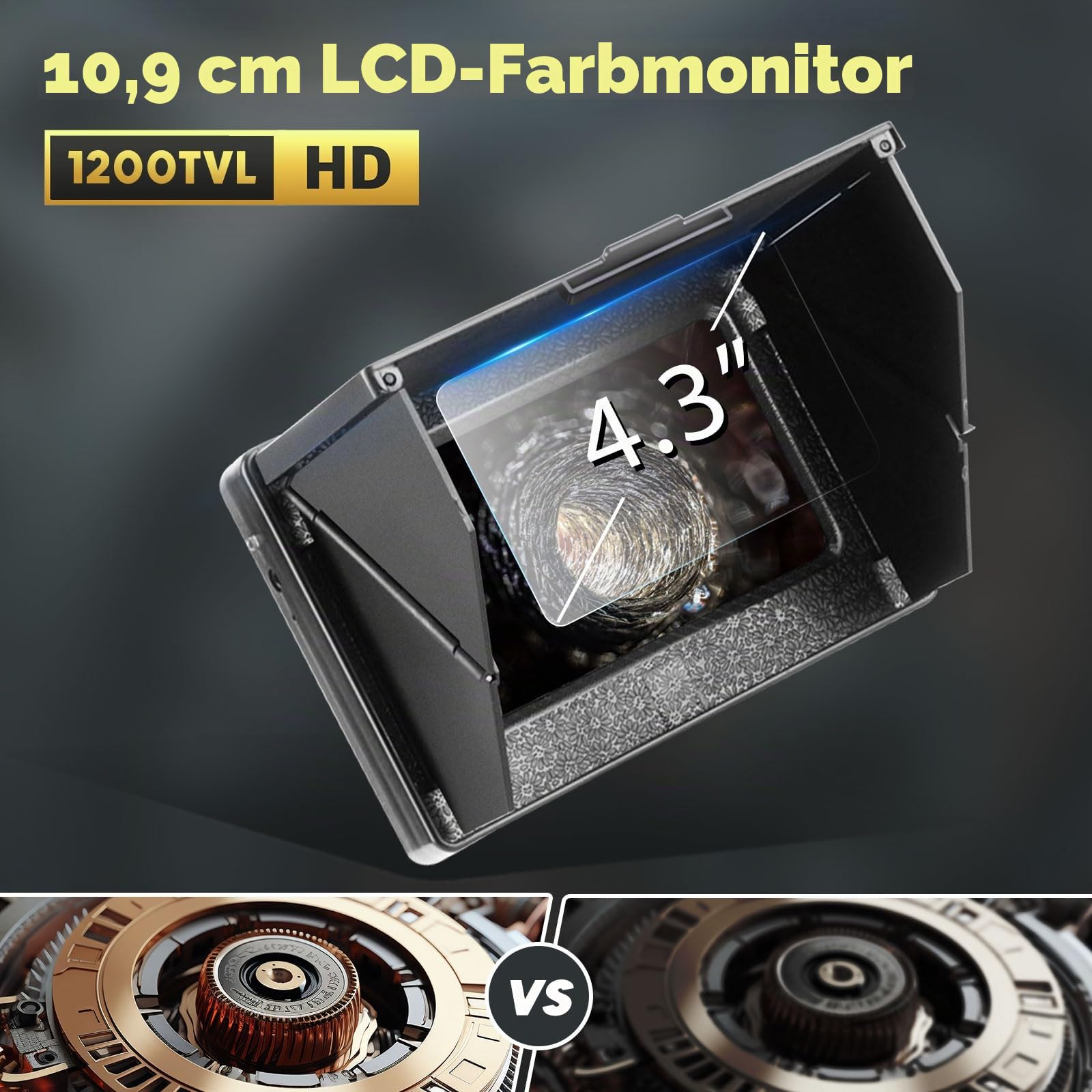 4.3'' Kanalkamera mit Licht, 22mm Kanalinspektionskamera mit DVR, Rohrkamera wasserdichte IP68 Endoskopkamera mit 12pcs LED-Leuchten, 5600mAh Akku, 16 GB TF-Karte