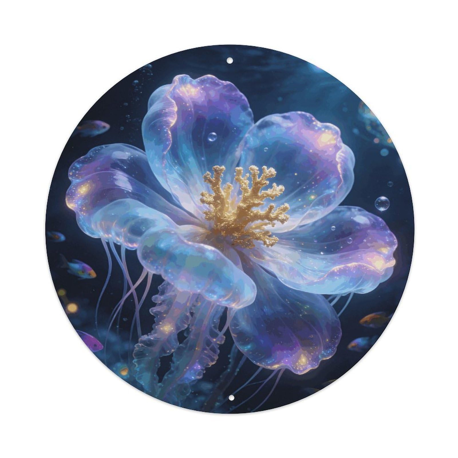 LZQPOEAS Oceanic Bloom Round Aluminum Wall Art Sign, Metal Indoor Wall Decor with Holes, Durable Circular Aluminum Plaque for Home, Bar, Cafe, Living Room, And Office Decoration