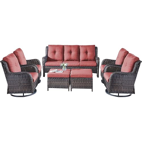 Patio Furniture Swivel Chairs Set - 7 Piece Wicker Rattan Outdoor Sectional Conversation Sets with 4 Swivel Rocking Chairs,2 Ottomans and 1 Sofa for Porch Deck Garden(Brown/Red)