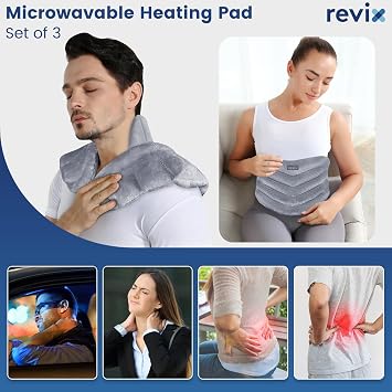 REVIX Microwave Heating Pad Set, Moist Heat Neck Shoulder Wrap & Eye Mask | 3-Piece Microwavable Heat Set, Moist Warmth for Neck, Shoulders, Back & Eyes, Weighted Plush Fabric for Relaxing, Gray