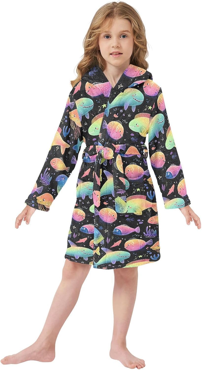 senya Cute Glowing Fish Toddler Hooded Bathrobe Kids Soft Plush Bath Towel Robes for Boys Girls 2-12 Years