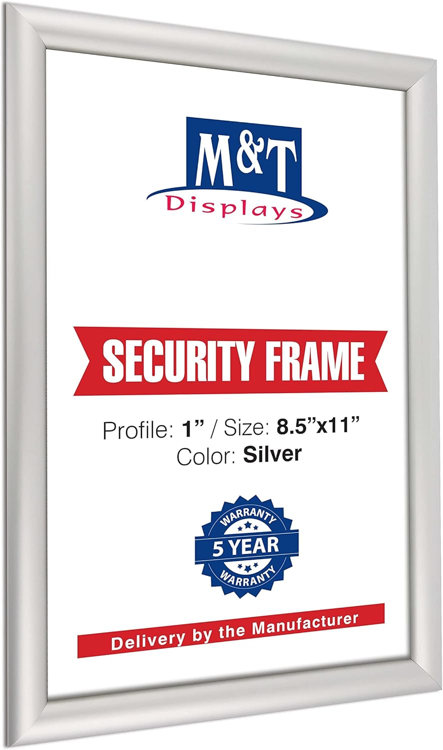 M&T Displays Security Snap Poster Frame 1" Aluminum Profile, Front Loading, Picture, Photo, Document, Certificate, Sign Holder, Mitered Corner, Anti Glare Cover (Silver, 8.5x11 inch)