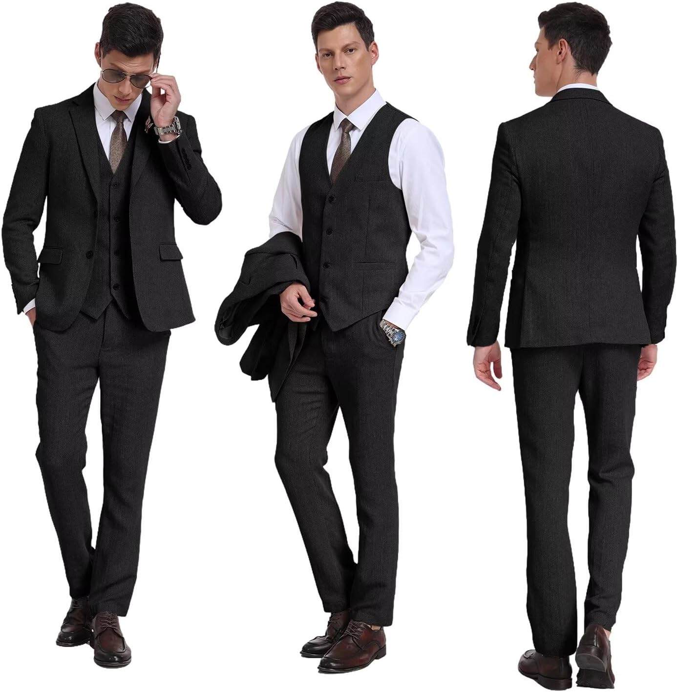Retro 3 Piece Suit Tweed Herringbone Men's Suits Slim Fit Groom Tuxedos Set Prom Brown Grey Jacket Blazer Vest Pants - Image 2