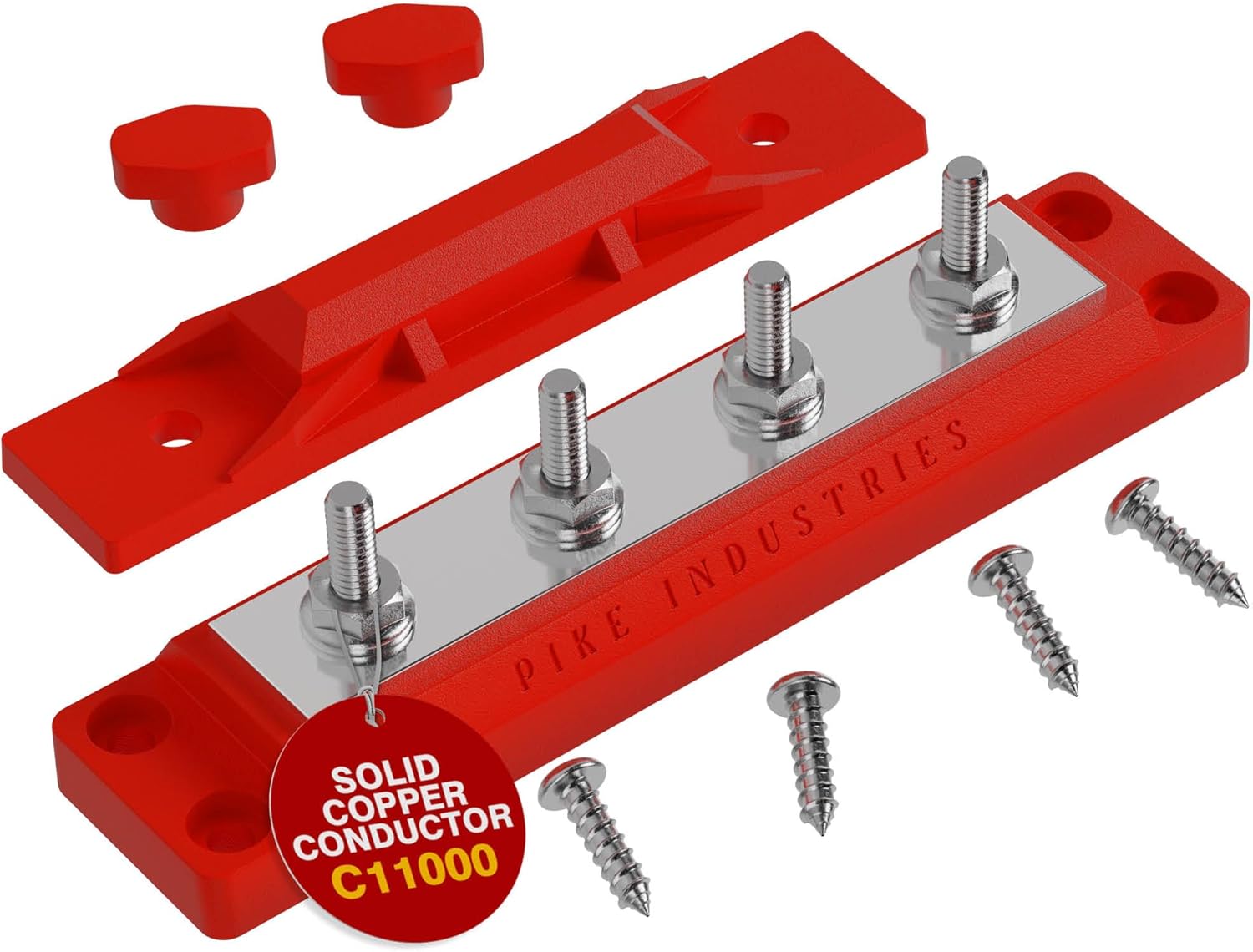 400 Amp Solid Copper Busbar 4 Stud (5/16" Zinc, Red) Common Bus, Terminal Block