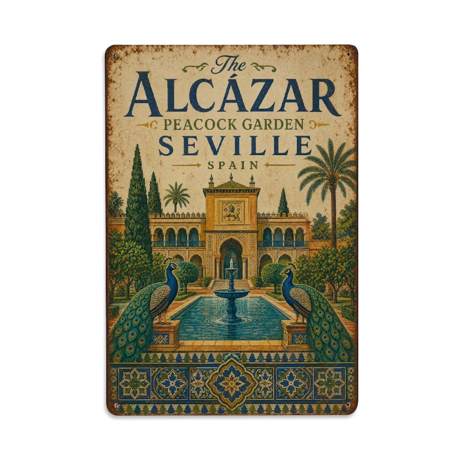 Yrnq 08X12inch Vintage Style Vintage Alcazar Peacock Garden Fountain Tiles Spain Metal Tin Sign