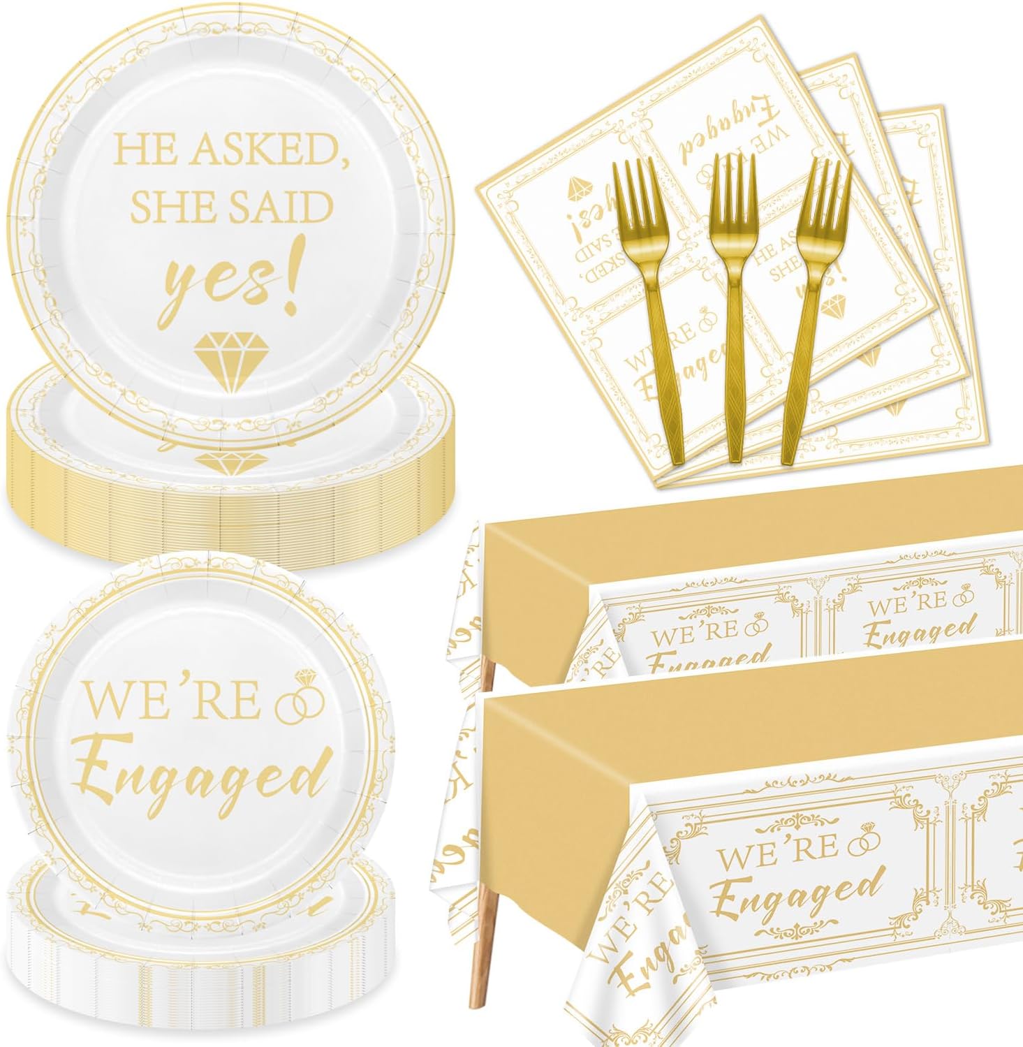 Geyoga 96 Pcs Happy Engagement Party Decorations White Gold Engaged Plates And Napkins She Said Yes Disposable Dinnerware Happy Engagement Plates For Wedding Bridal Shower Party Supplies Serve 24